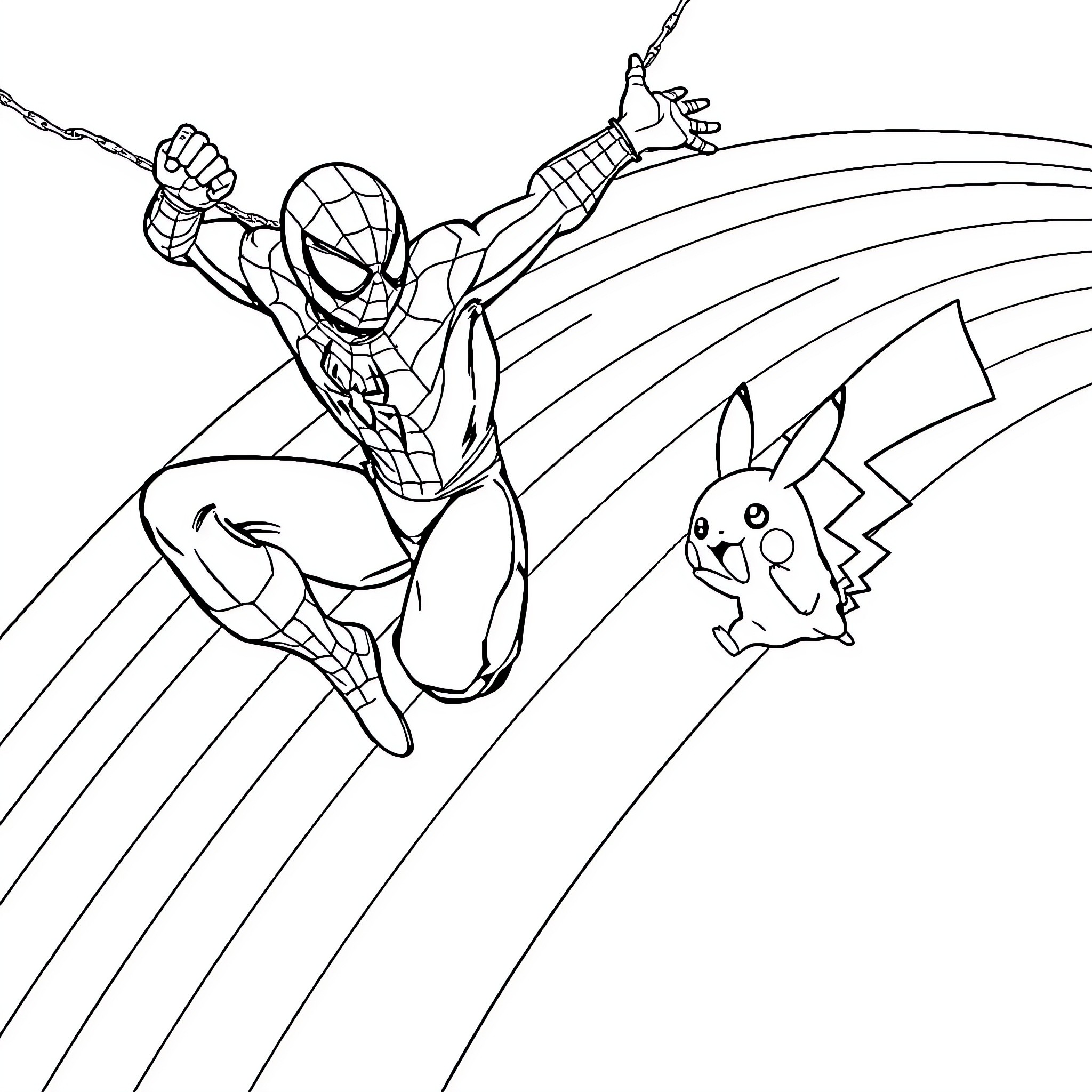Spiderman swinging to action with Pikachu Coloring Page (free black-and-white line drawing printable PDF for all, from beginners to advanced learners, including children, teens, adults, and seniors)
