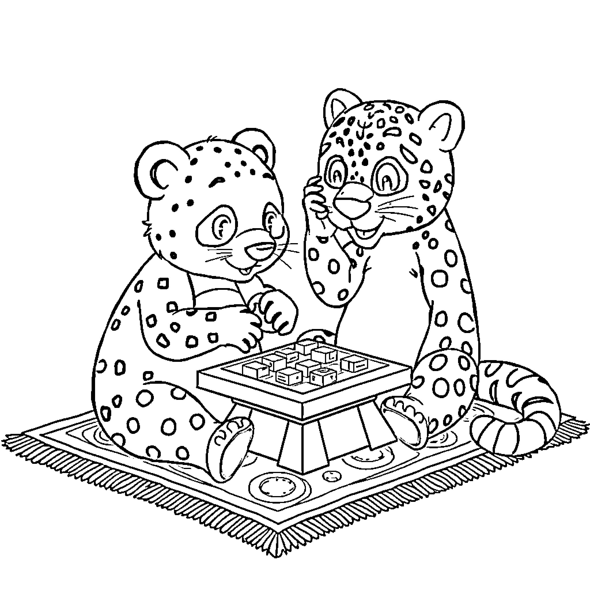Panda cubs playing checkers together Coloring Page (free black-and-white line drawing printable PDF for all, from beginners to advanced learners, including children, teens, adults, and seniors)