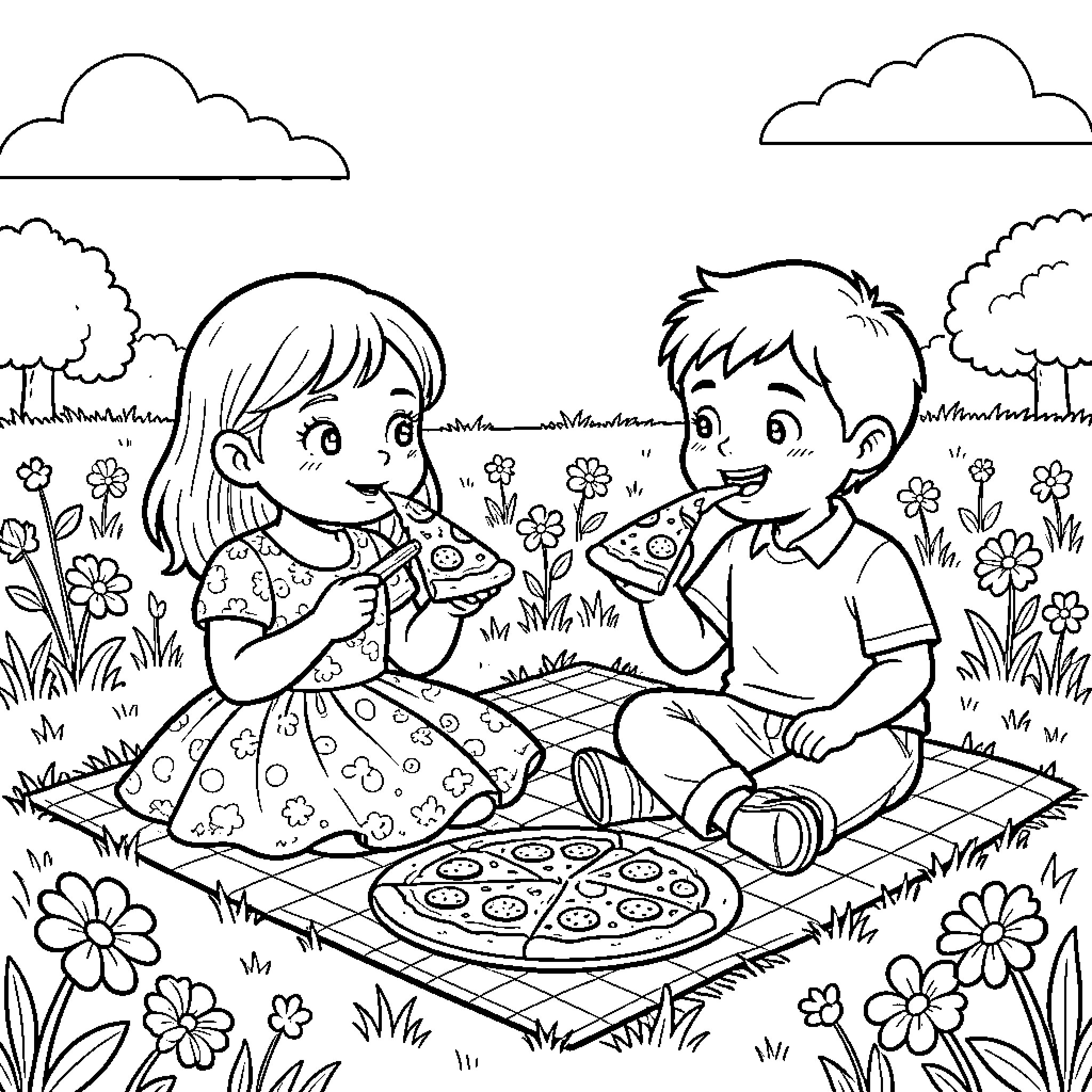 Niño and Niña sharing a picnic in the park Coloring Page (free black-and-white line drawing printable PDF for all, from beginners to advanced learners, including children, teens, adults, and seniors)