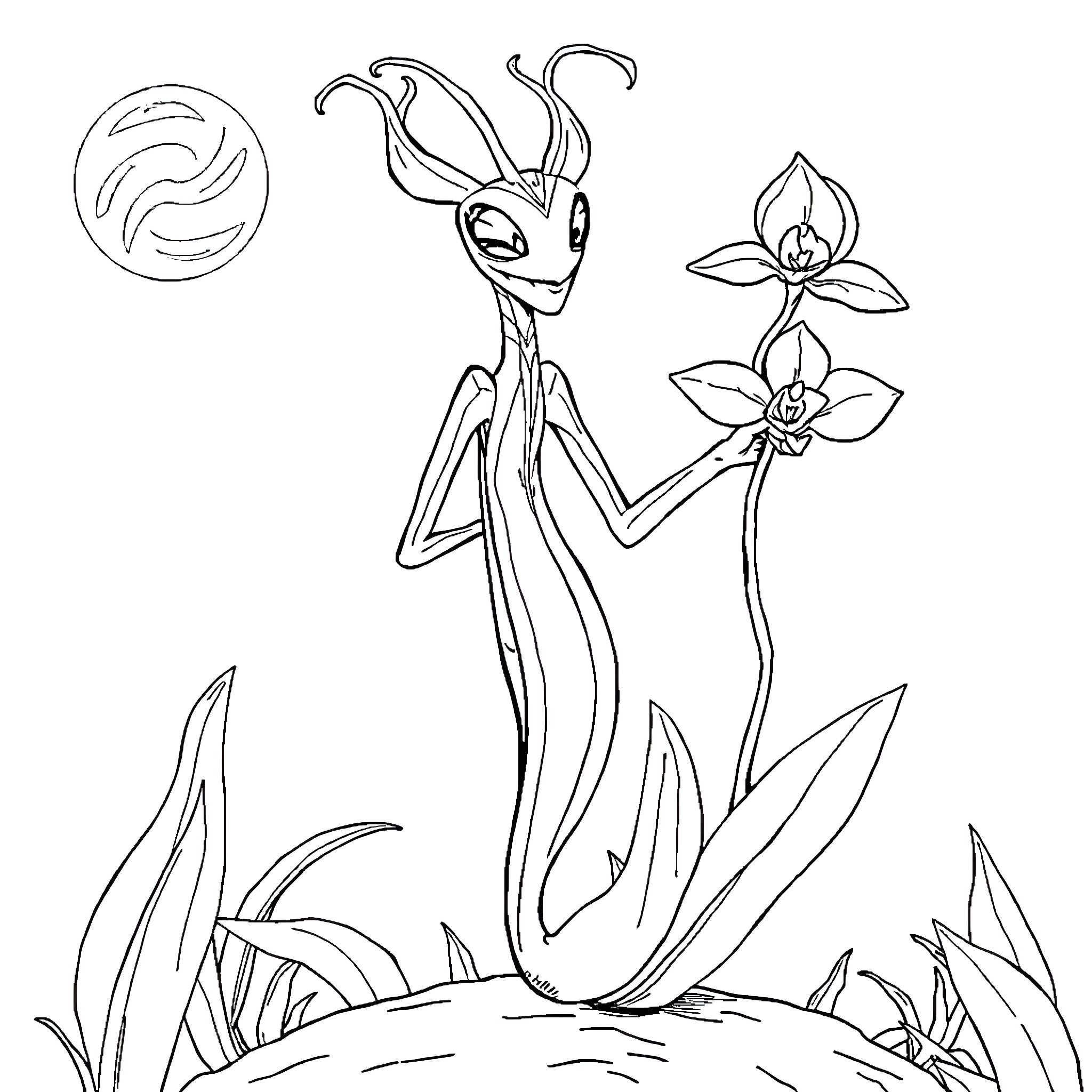 Venus McFlytrap alien exploring the flora and fauna Coloring Page (free black-and-white line drawing printable PDF for all, from beginners to advanced learners, including children, teens, adults, and seniors)