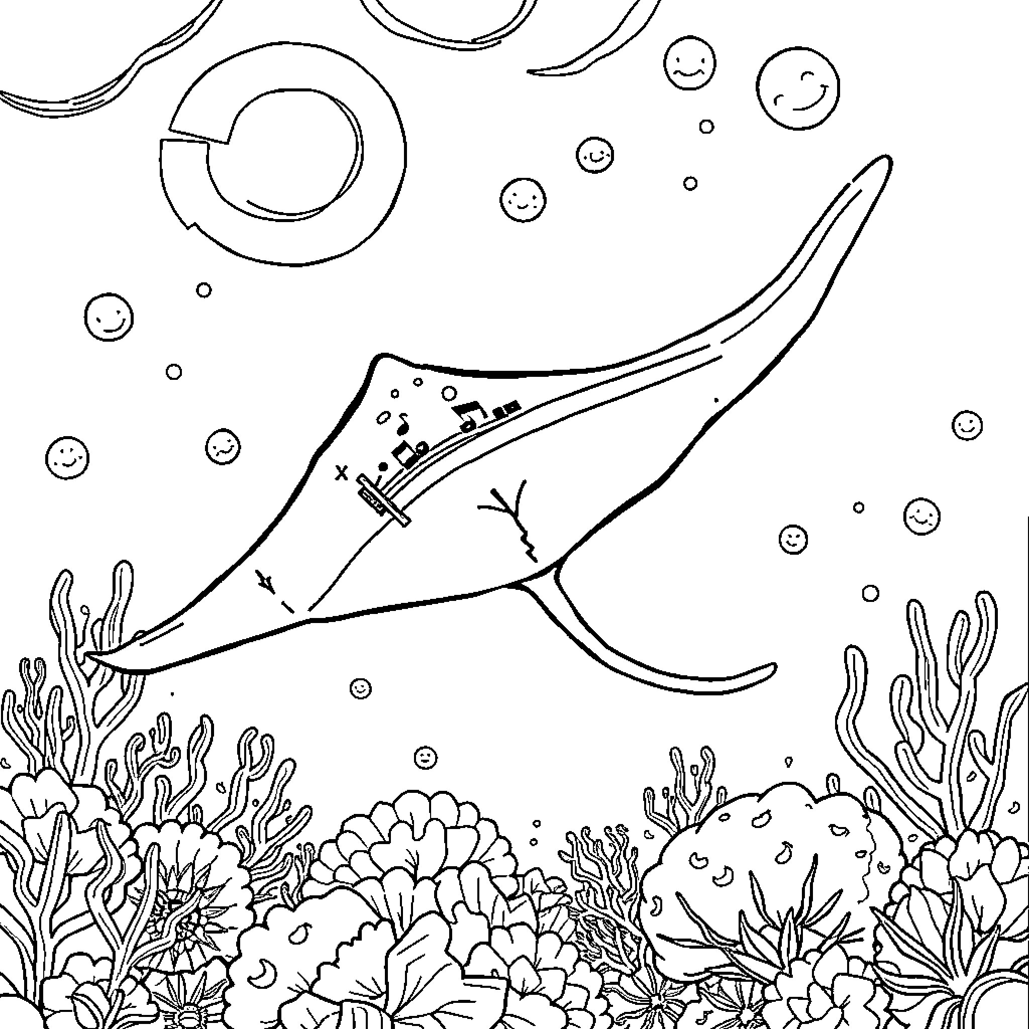 Stingray gliding gracefully through the underwater seascape Coloring Page (free black-and-white line drawing printable PDF for all, from beginners to advanced learners, including children, teens, adults, and seniors)