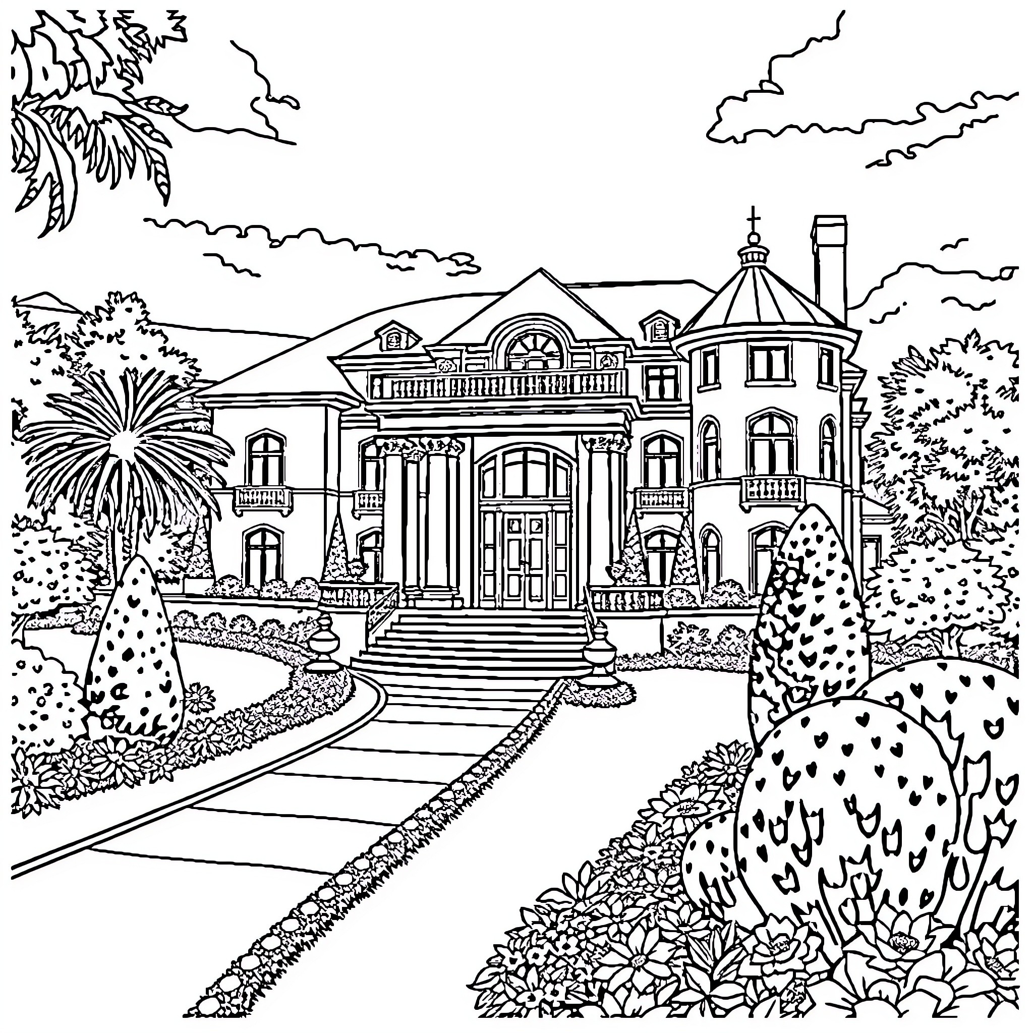House with elaborate architectural features and gardens Coloring Page (free black-and-white line drawing printable PDF for all, from beginners to advanced learners, including children, teens, adults, and seniors)