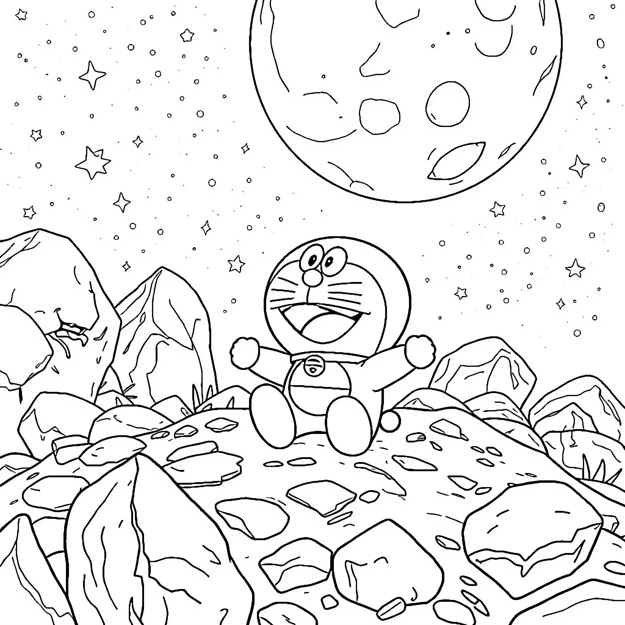 Doraemon exploring the moon's surface Coloring Page (free black-and-white line drawing printable PDF for all, from beginners to advanced learners, including children, teens, adults, and seniors)