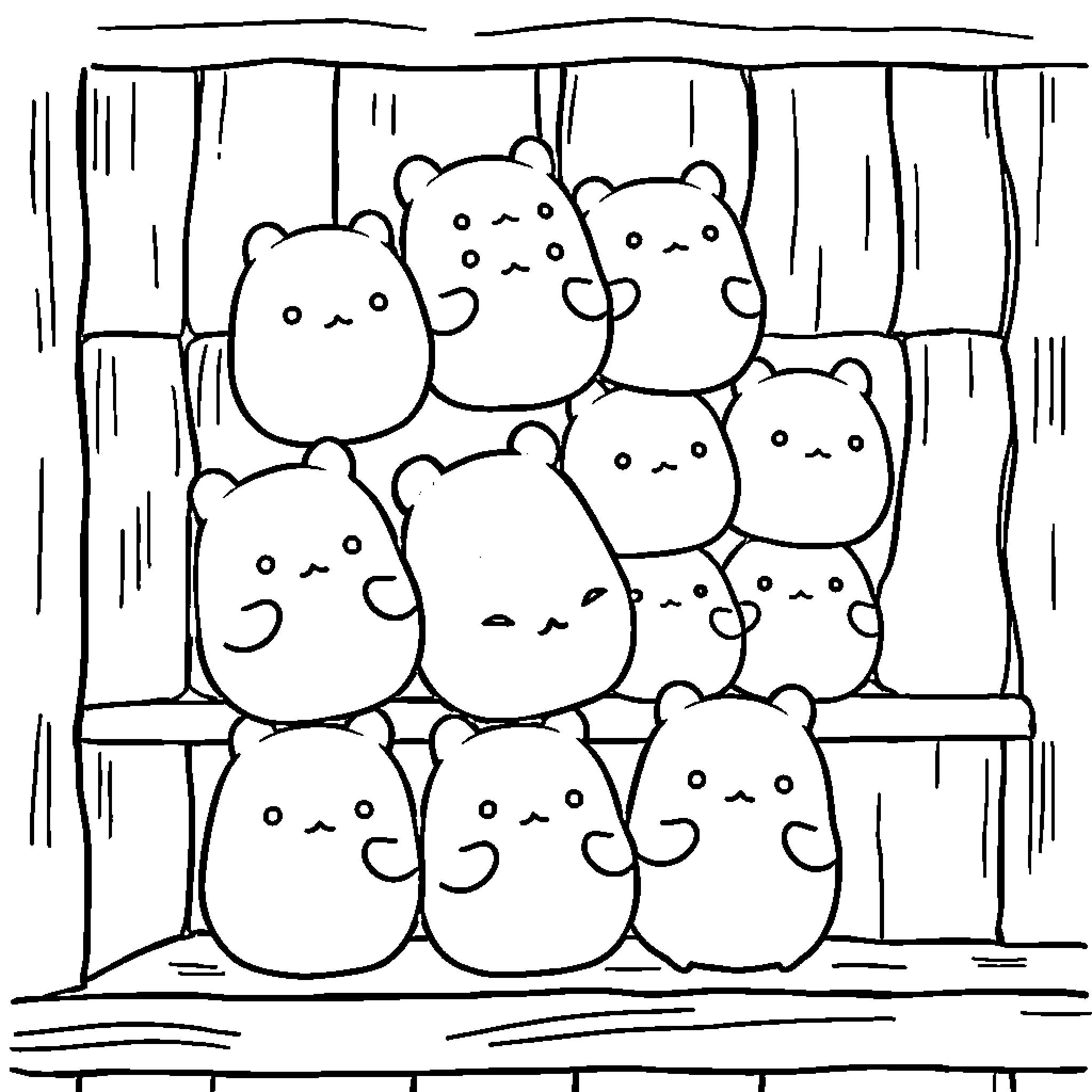 Squishmallow friends gathered together Coloring Page (free black-and-white line drawing printable PDF for all, from beginners to advanced learners, including children, teens, adults, and seniors)
