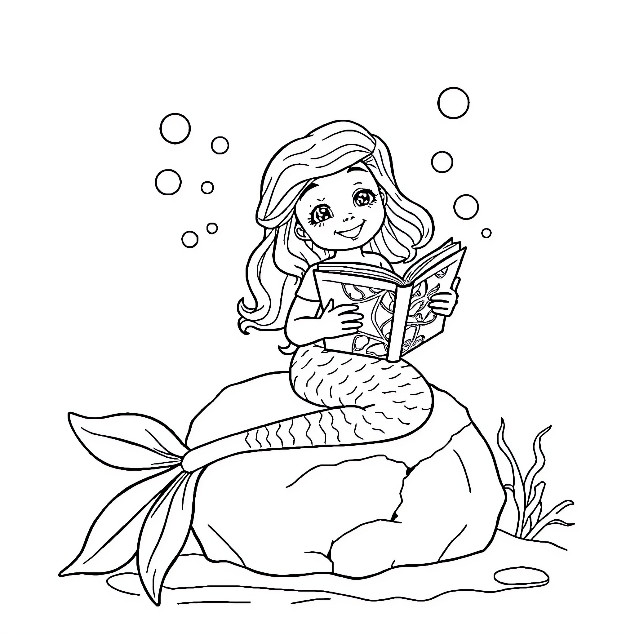 Mermaid reading a book underwater Coloring Page (free black-and-white line drawing printable PDF for all, from beginners to advanced learners, including children, teens, adults, and seniors)