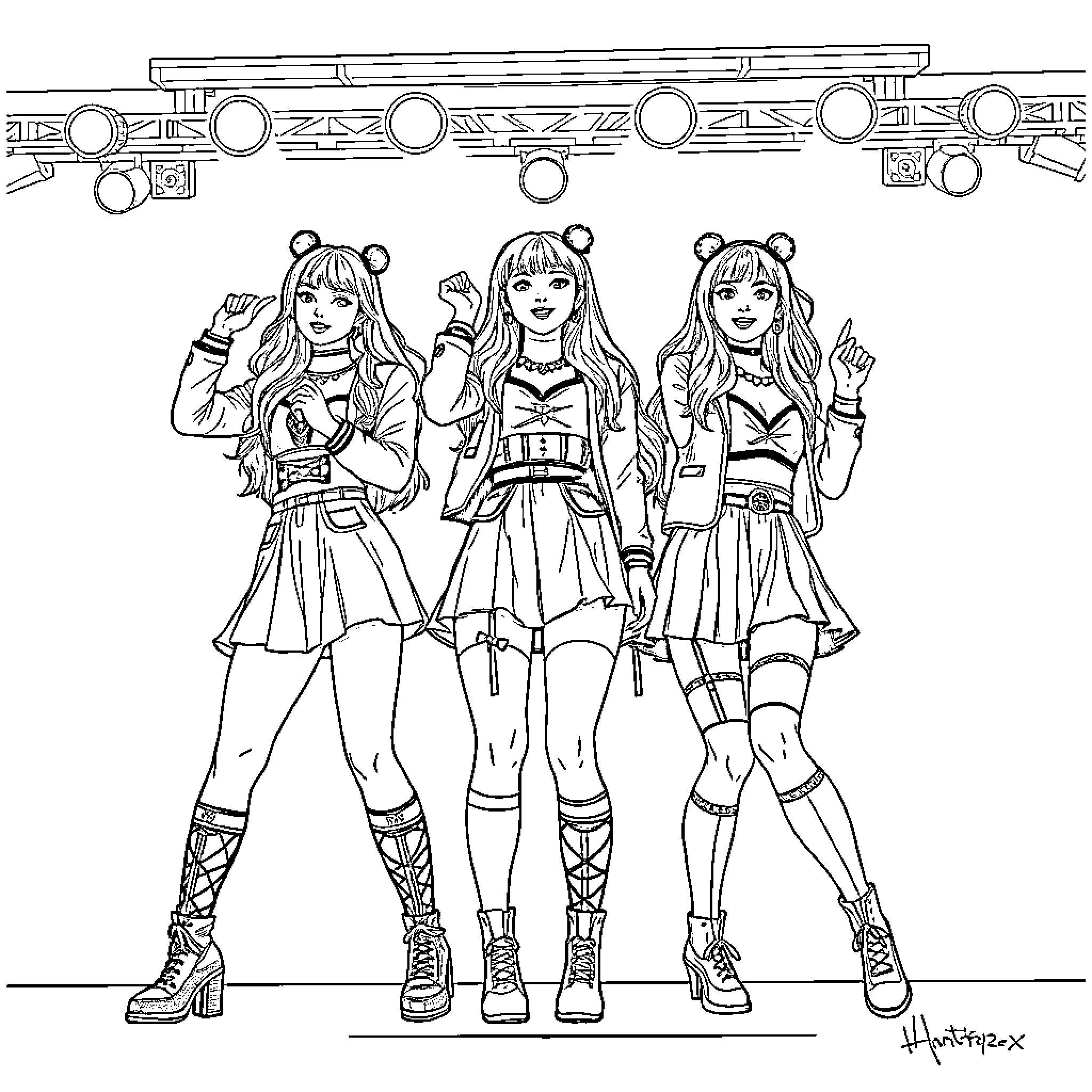 K Pop Girl Group Performing on Stage Coloring Page (free black-and-white line drawing printable PDF for all, from beginners to advanced learners, including children, teens, adults, and seniors)