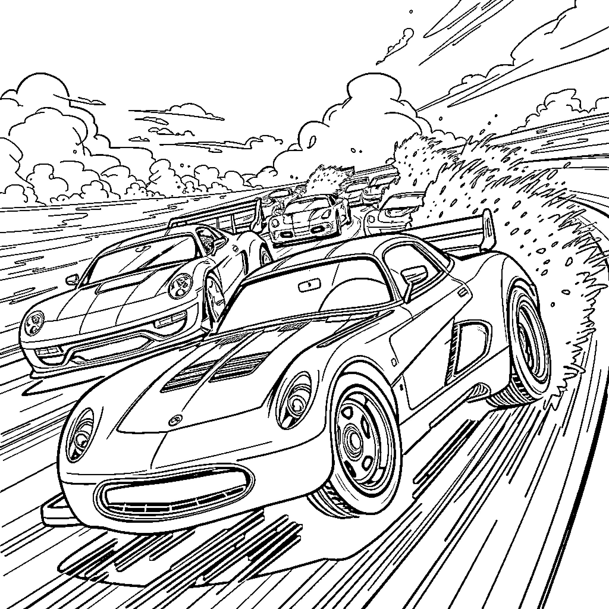 Hot Wheels racing through the desert Coloring Page (free black-and-white line drawing printable PDF for all, from beginners to advanced learners, including children, teens, adults, and seniors)