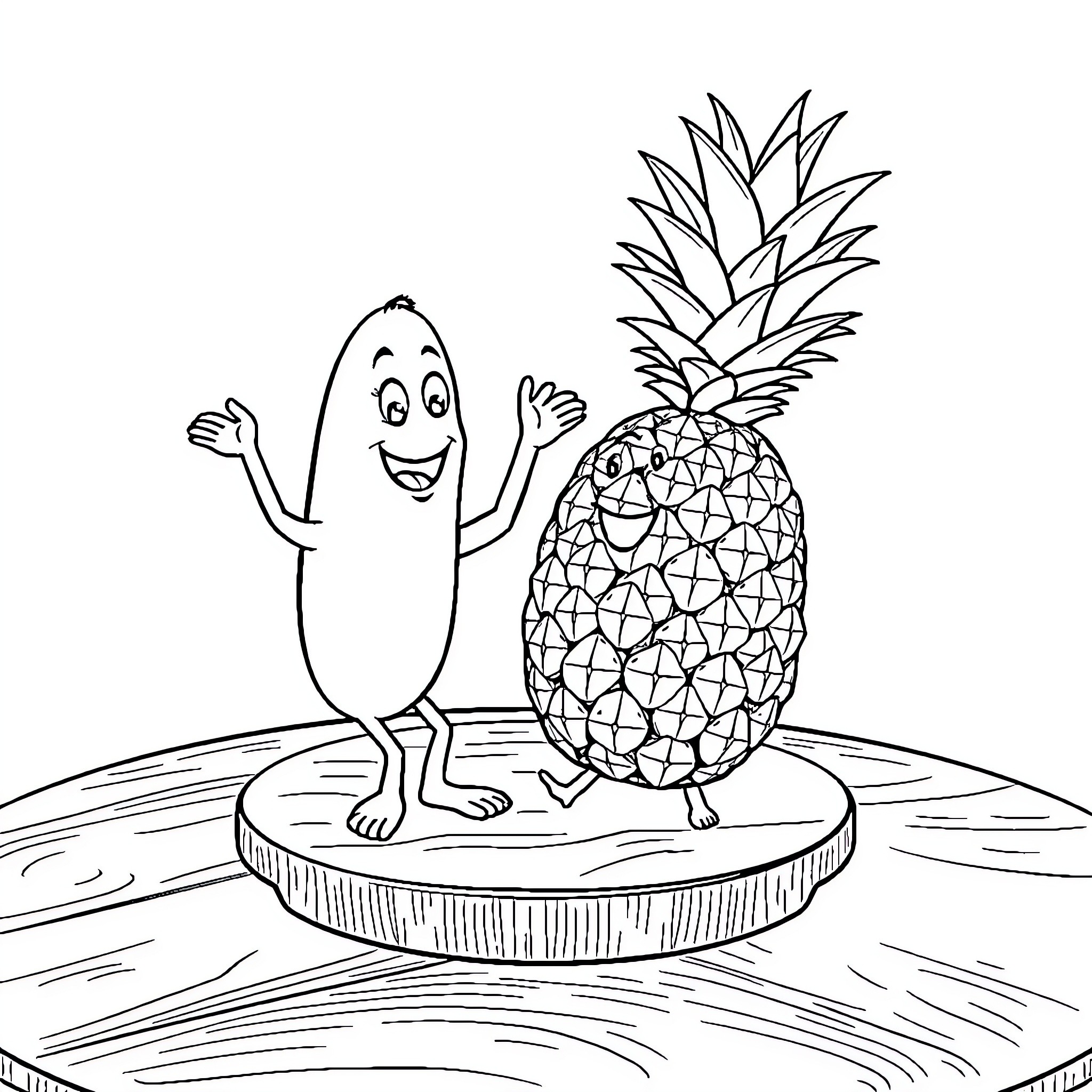 Banana character waving happily with pineapple friend Coloring Page (free black-and-white line drawing printable PDF for all, from beginners to advanced learners, including children, teens, adults, and seniors)