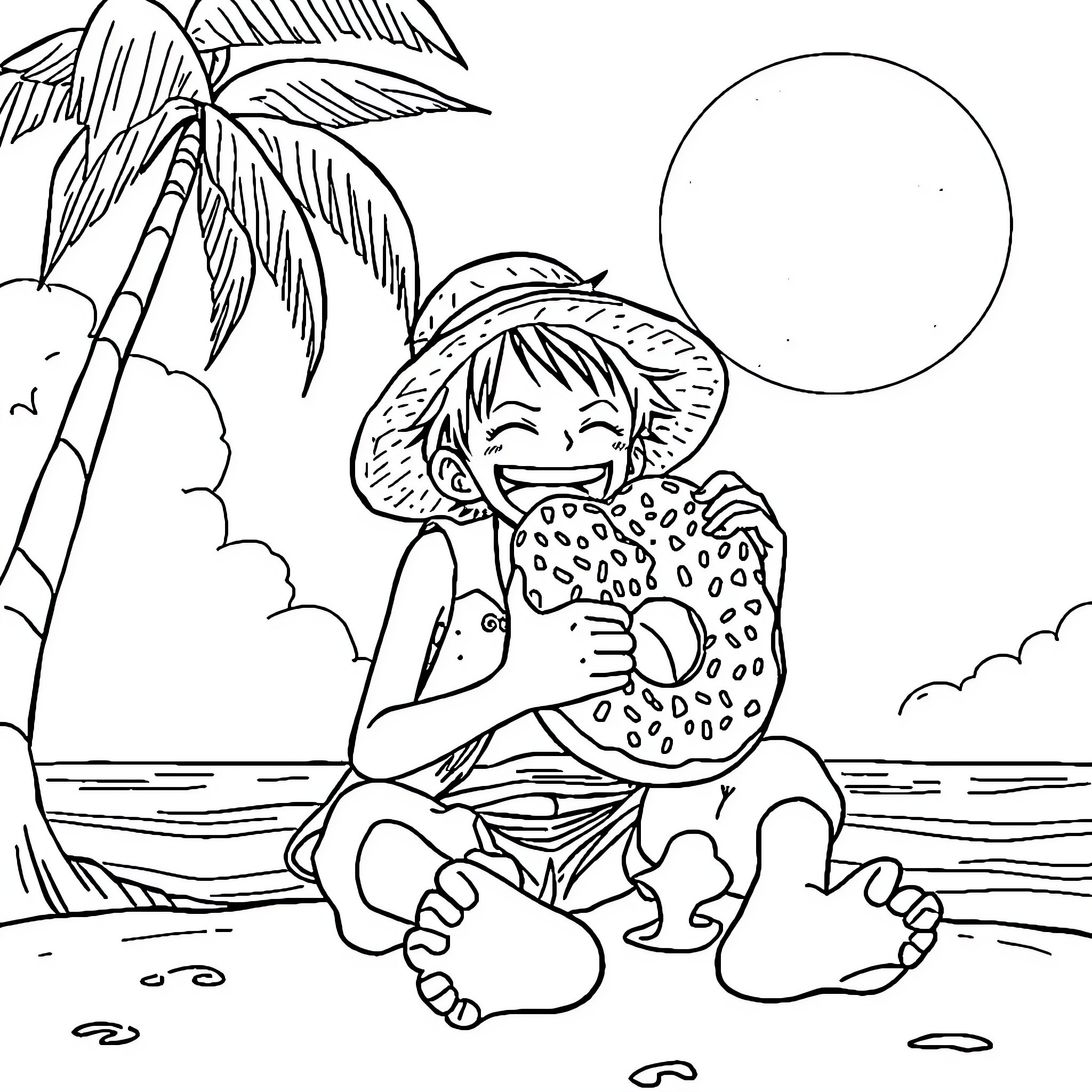 Luffy resting peacefully on the beach Coloring Page (free black-and-white line drawing printable PDF for all, from beginners to advanced learners, including children, teens, adults, and seniors)