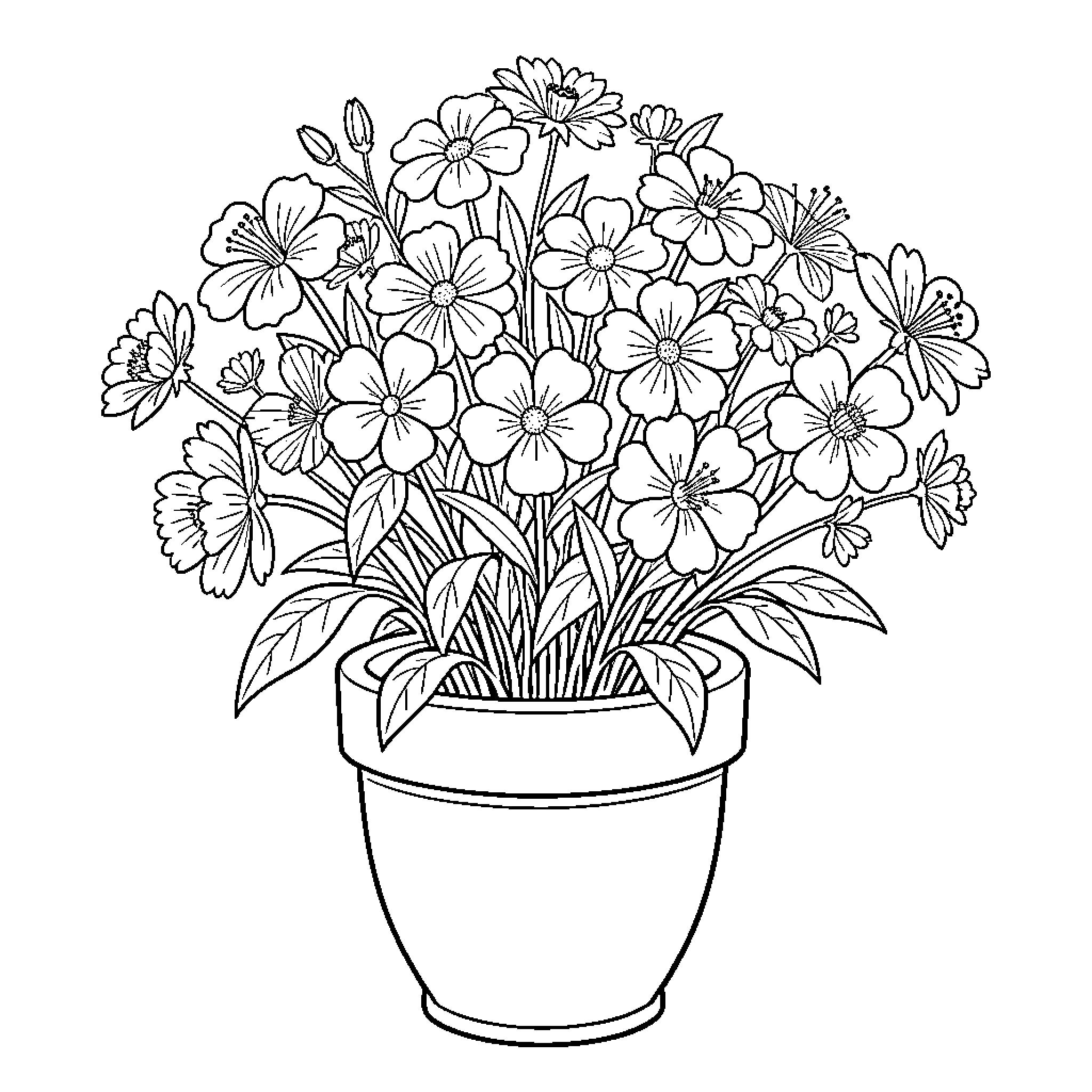 Pion Flowers in a Pot Coloring Page (free black-and-white line drawing printable PDF for all, from beginners to advanced learners, including children, teens, adults, and seniors)