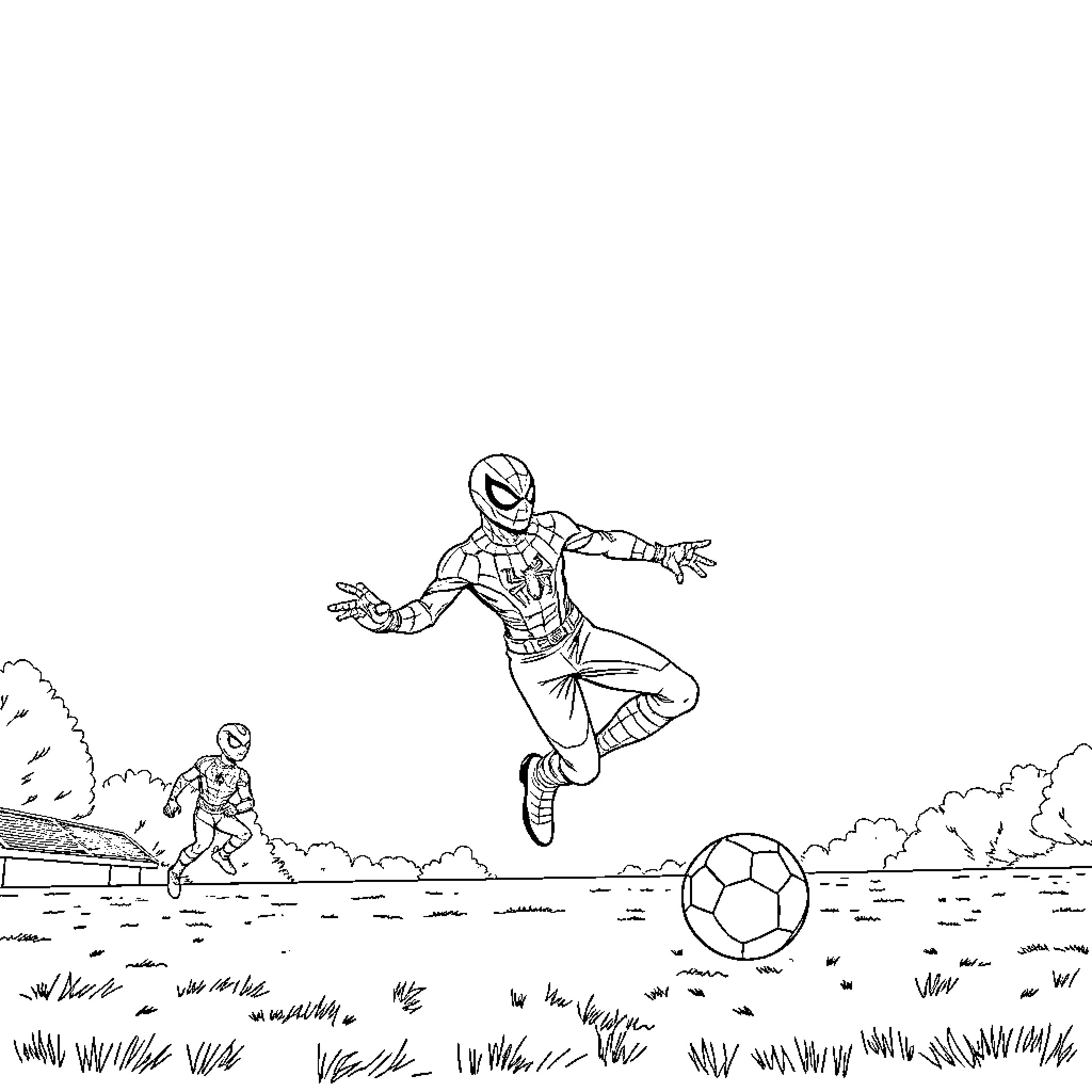 Superhero soccer player soaring through the air Coloring Page (free black-and-white line drawing printable PDF for all, from beginners to advanced learners, including children, teens, adults, and seniors)