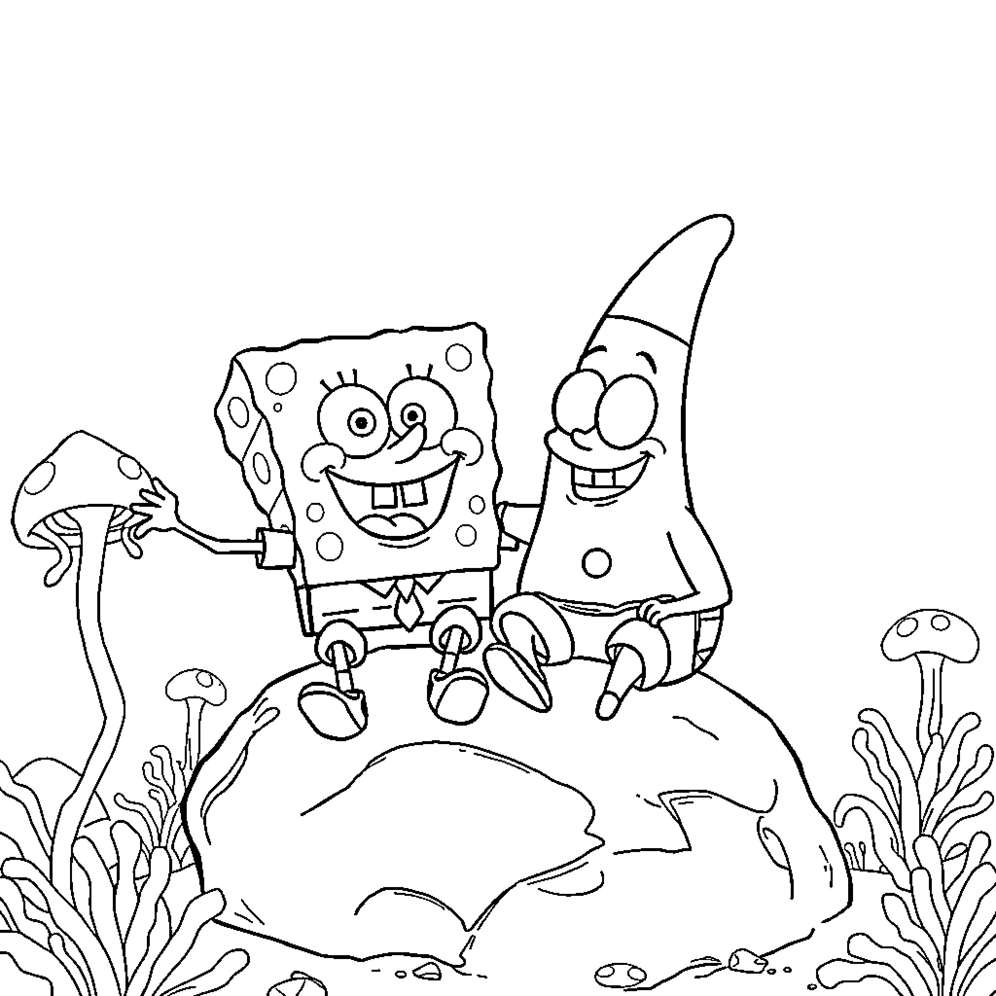 Spongebob and Patrick Exploring the Underwater World Coloring Page (free black-and-white line drawing printable PDF for all, from beginners to advanced learners, including children, teens, adults, and seniors)