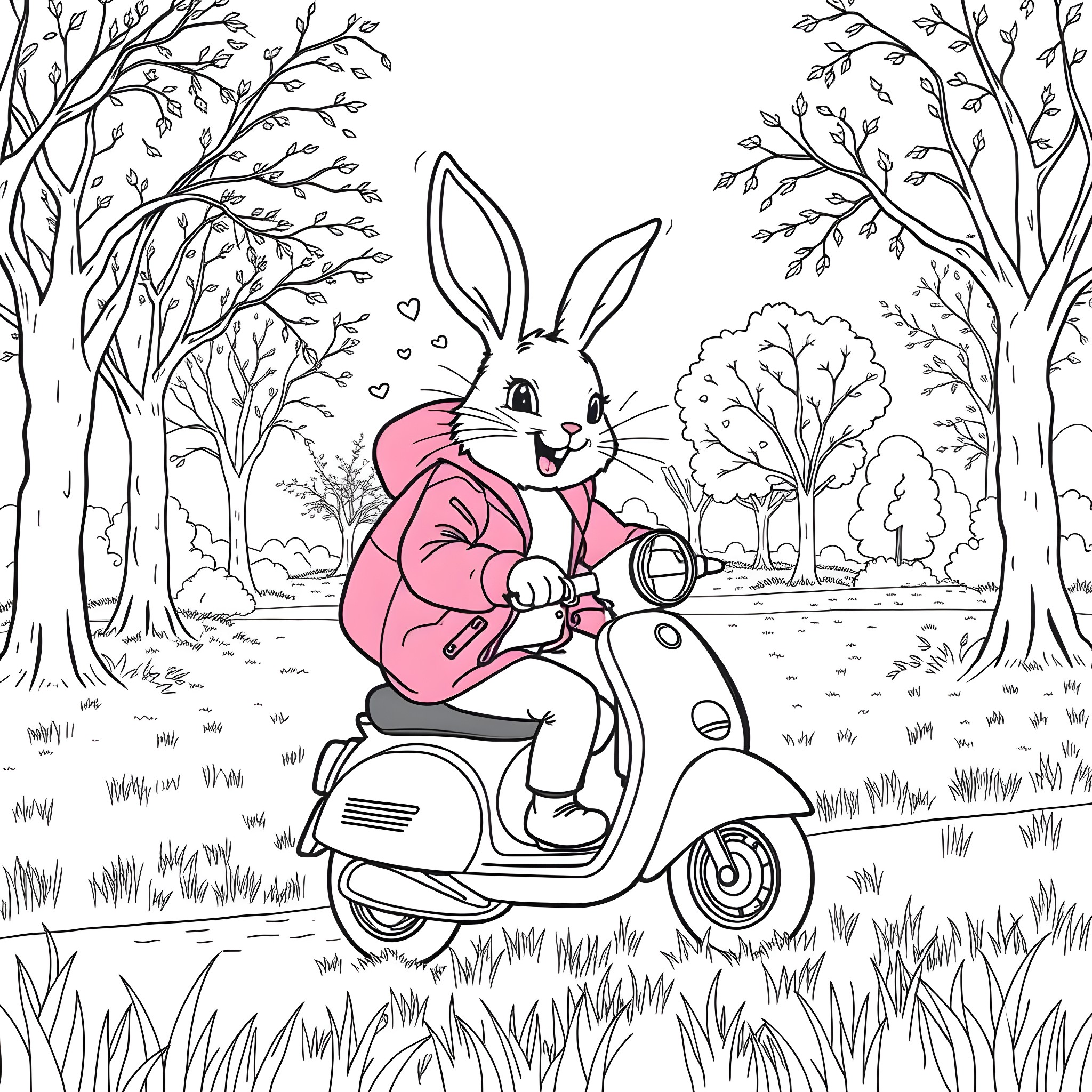 Rabbit riding a scooter in the forest Coloring Page (free black-and-white line drawing printable PDF for all, from beginners to advanced learners, including children, teens, adults, and seniors)