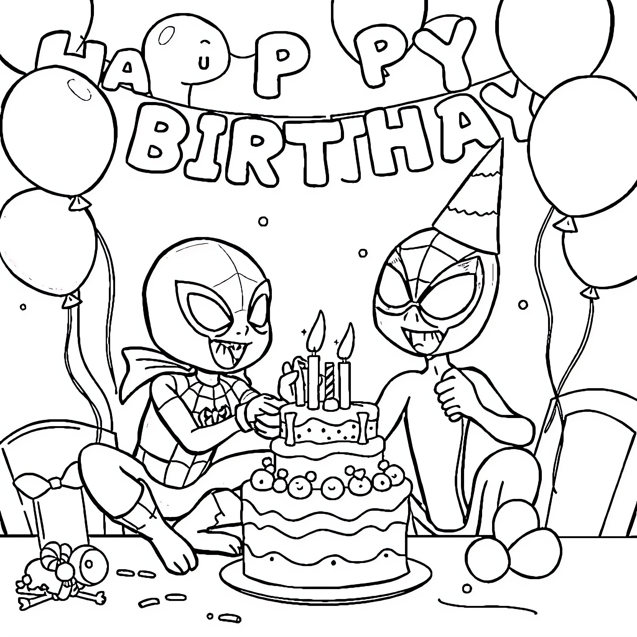 Bluey's Spidey Birthday Party Coloring Page (free black-and-white line drawing printable PDF for all, from beginners to advanced learners, including children, teens, adults, and seniors)