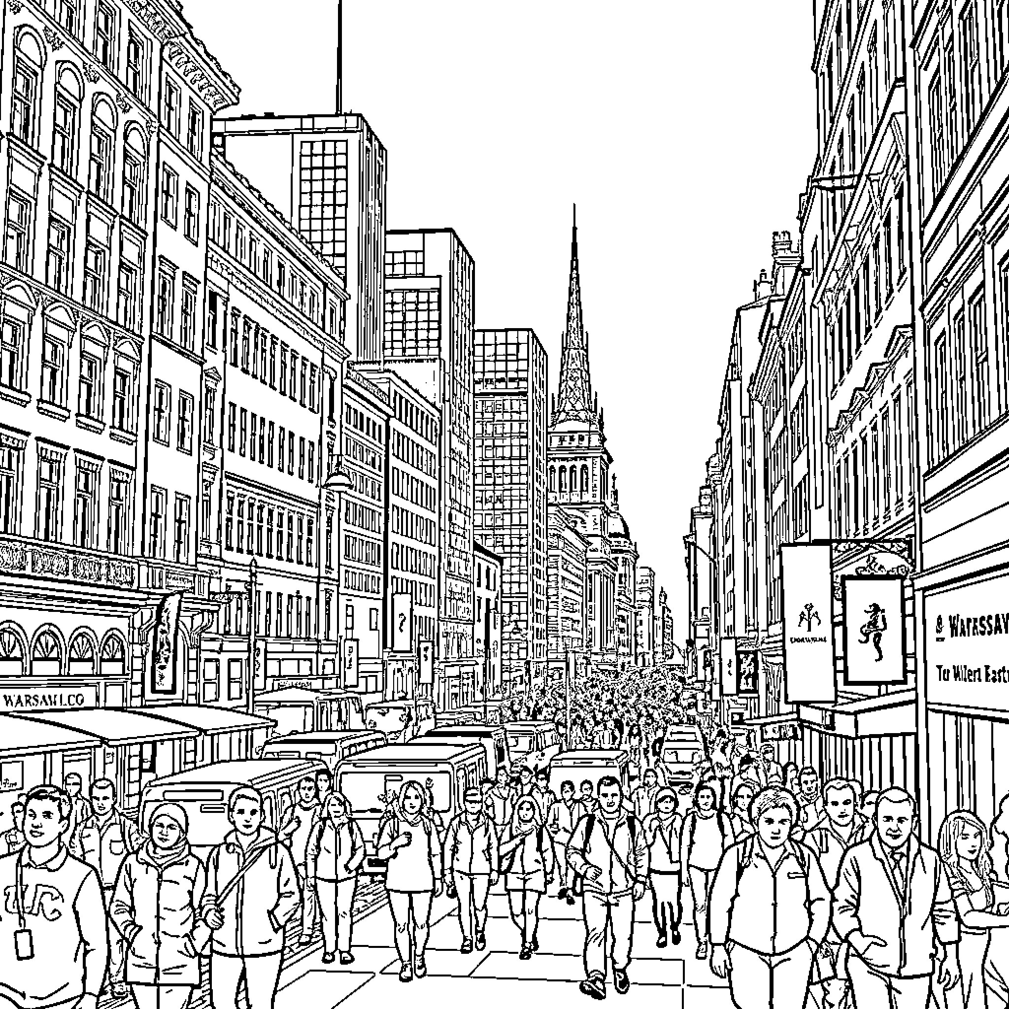 City bustling with people and towering skyscrapers Coloring Page (free black-and-white line drawing printable PDF for all, from beginners to advanced learners, including children, teens, adults, and seniors)