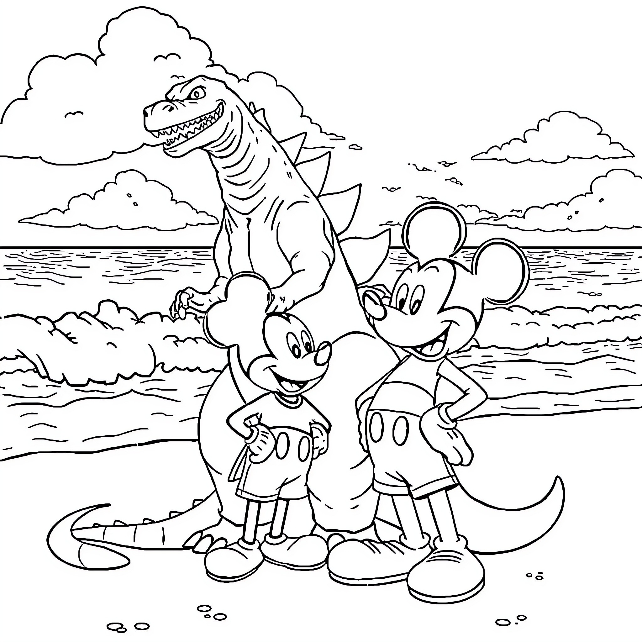 Godzilla and Mickey Mouse have a beach adventure Coloring Page (free black-and-white line drawing printable PDF for all, from beginners to advanced learners, including children, teens, adults, and seniors)