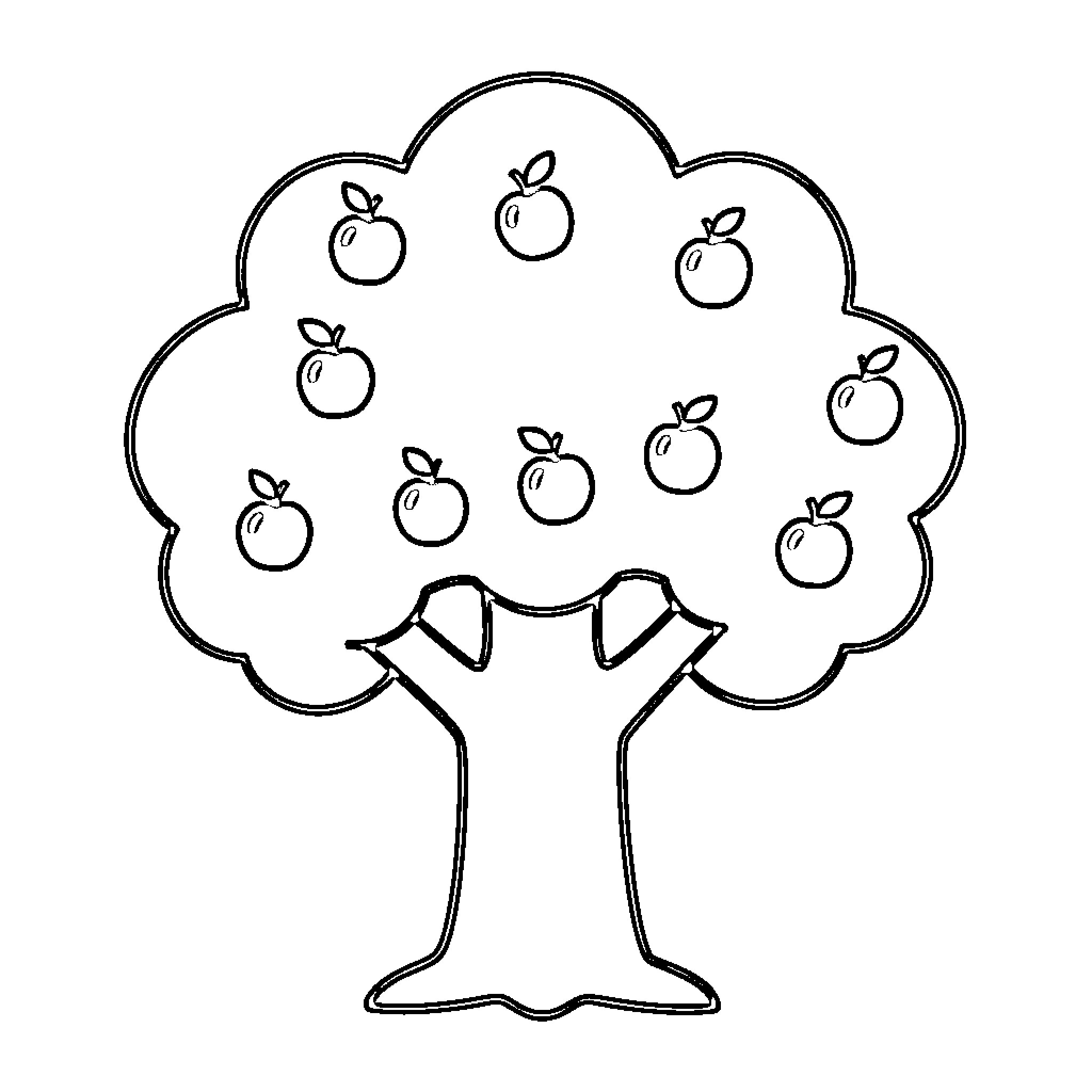 Tree with Apples Coloring Page (free black-and-white line drawing printable PDF for all, from beginners to advanced learners, including children, teens, adults, and seniors)