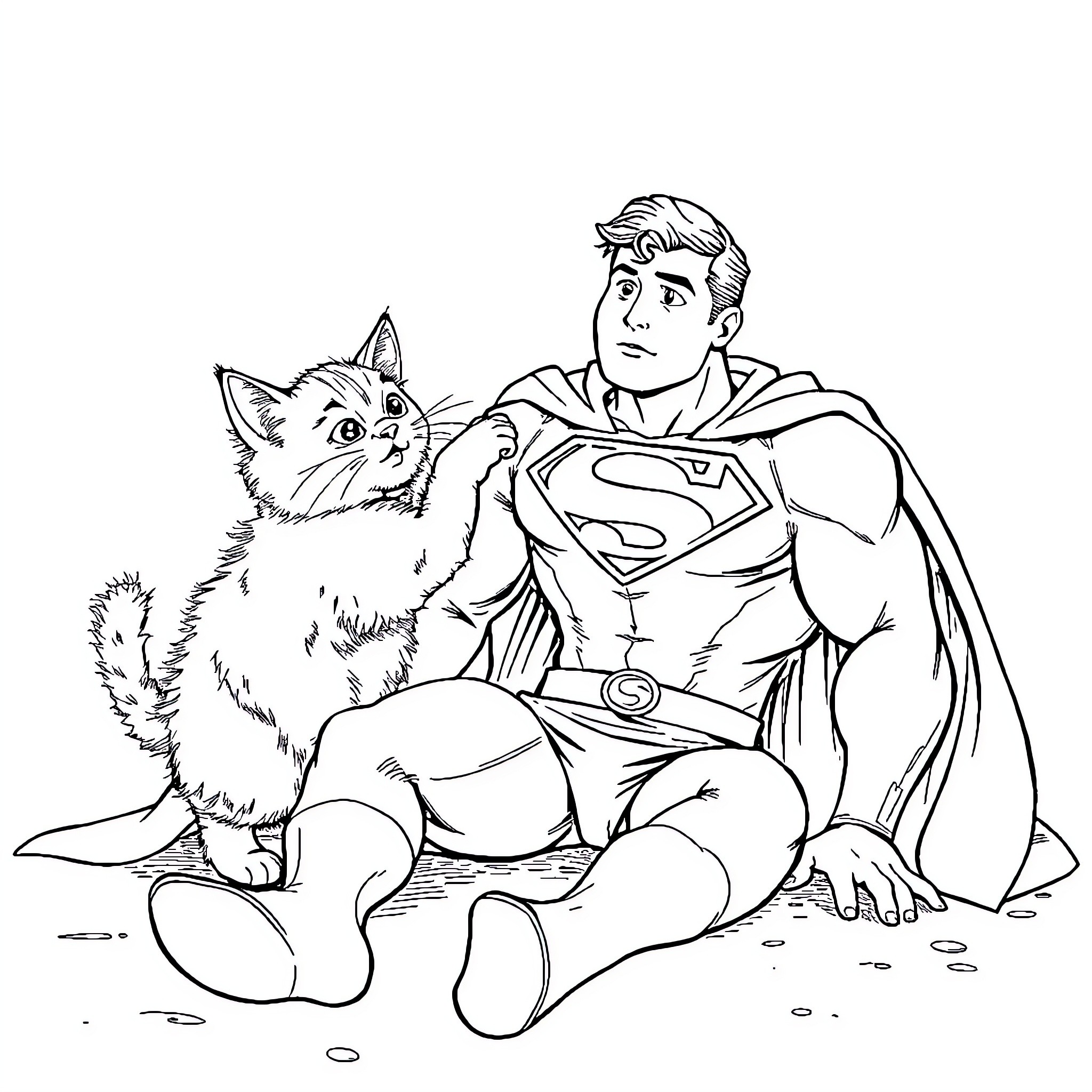 Superman comforting a kitten in need Coloring Page (free black-and-white line drawing printable PDF for all, from beginners to advanced learners, including children, teens, adults, and seniors)