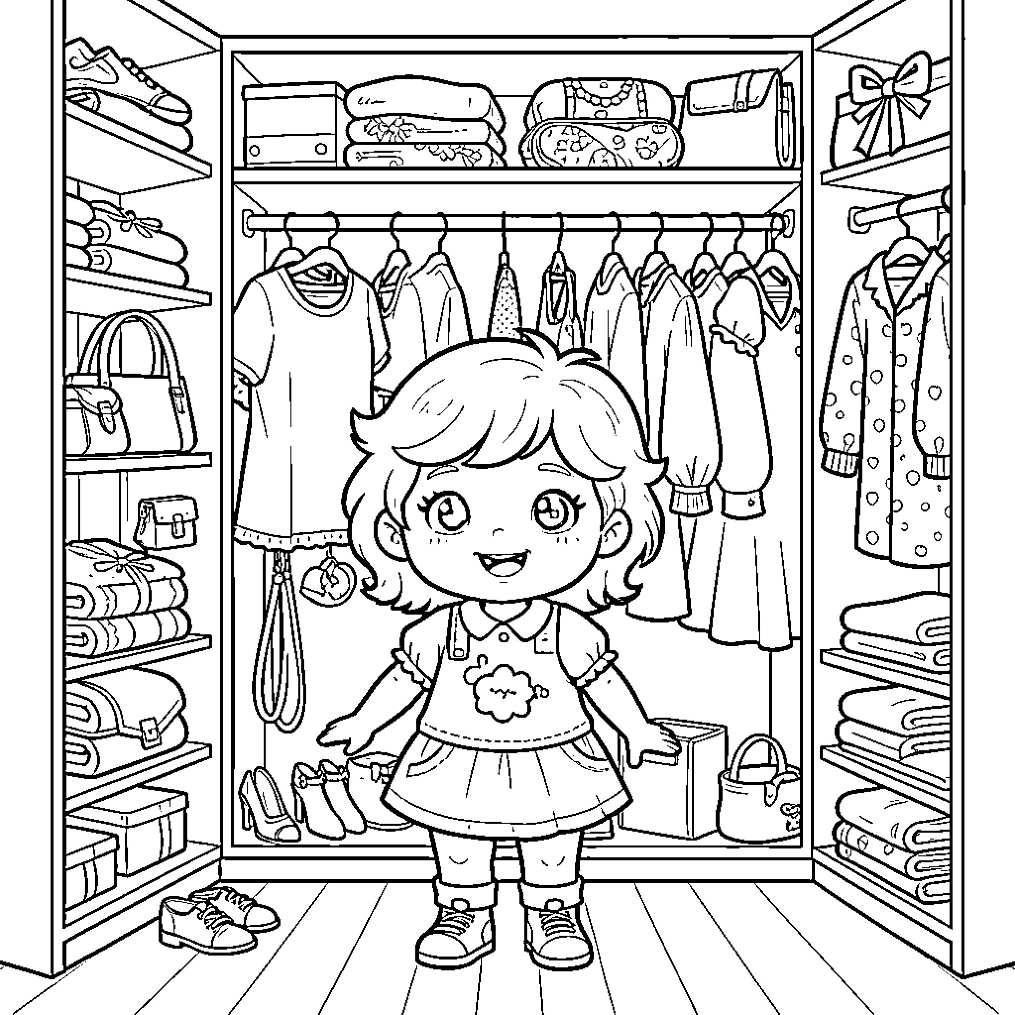 Character standing proudly in a walk-in closet Coloring Page (free black-and-white line drawing printable PDF for all, from beginners to advanced learners, including children, teens, adults, and seniors)