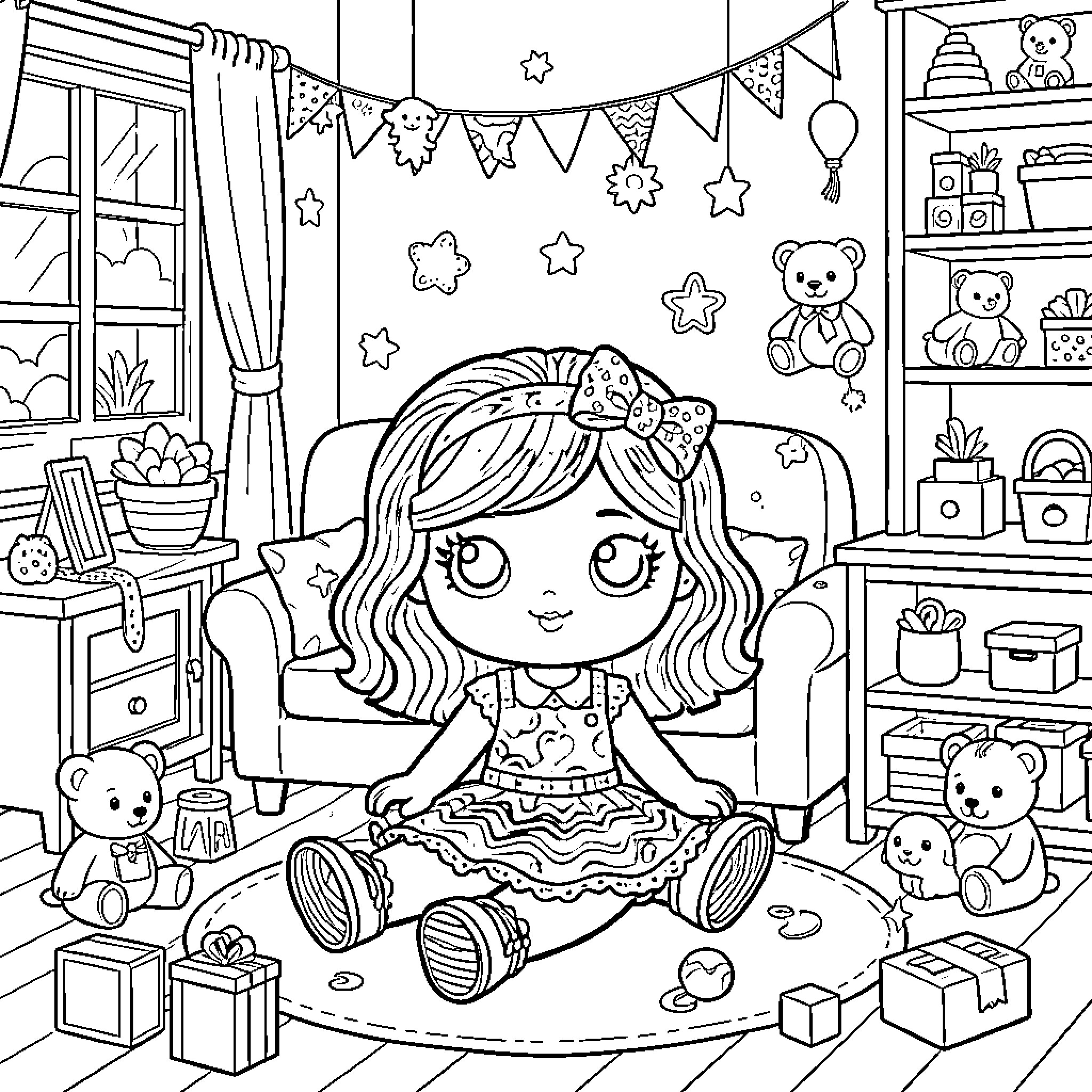 Doll playing with toys in a cozy room Coloring Page (free black-and-white line drawing printable PDF for all, from beginners to advanced learners, including children, teens, adults, and seniors)