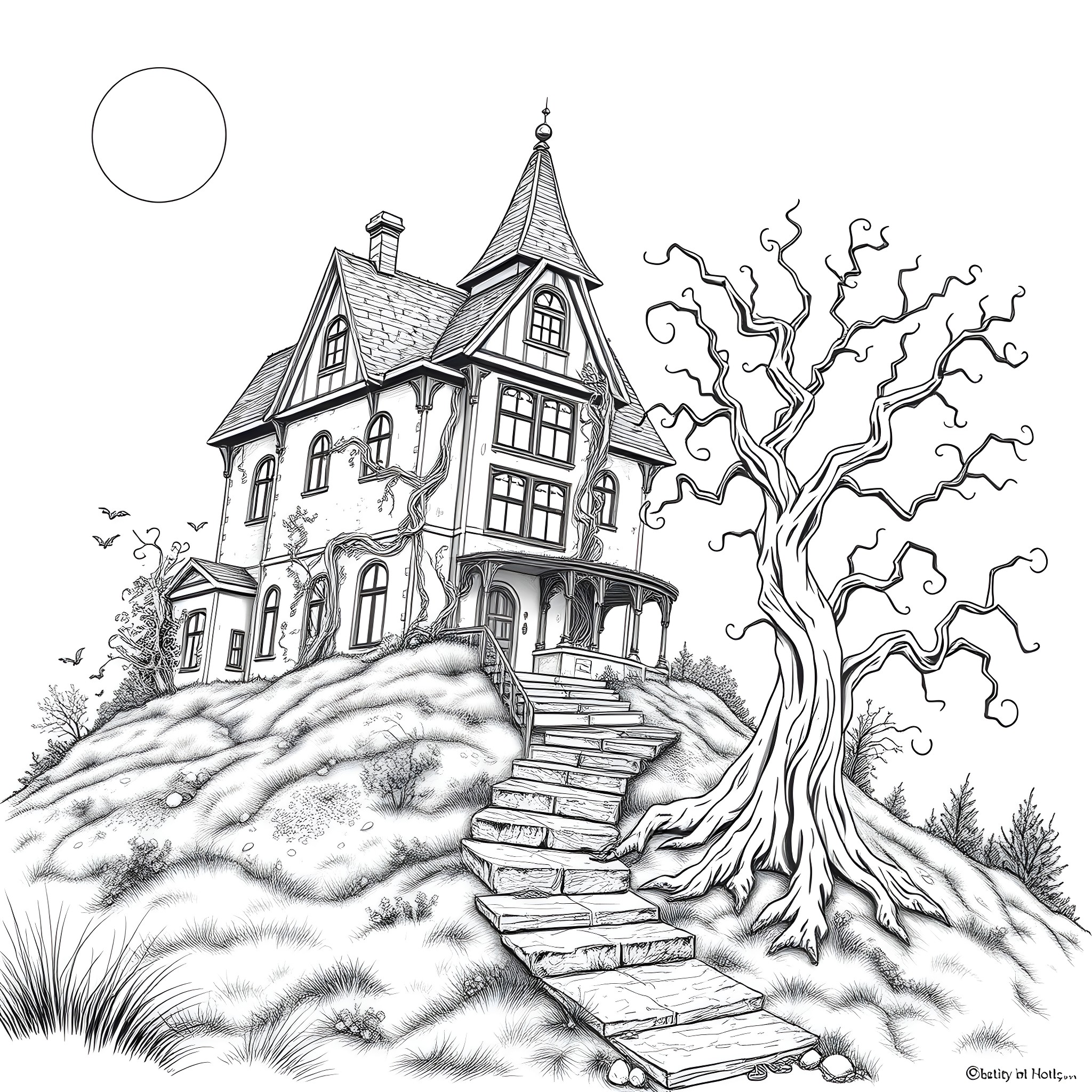 Haunted House on a Spooky Hill with Twisted Tree Coloring Page (free black-and-white line drawing printable PDF for all, from beginners to advanced learners, including children, teens, adults, and seniors)