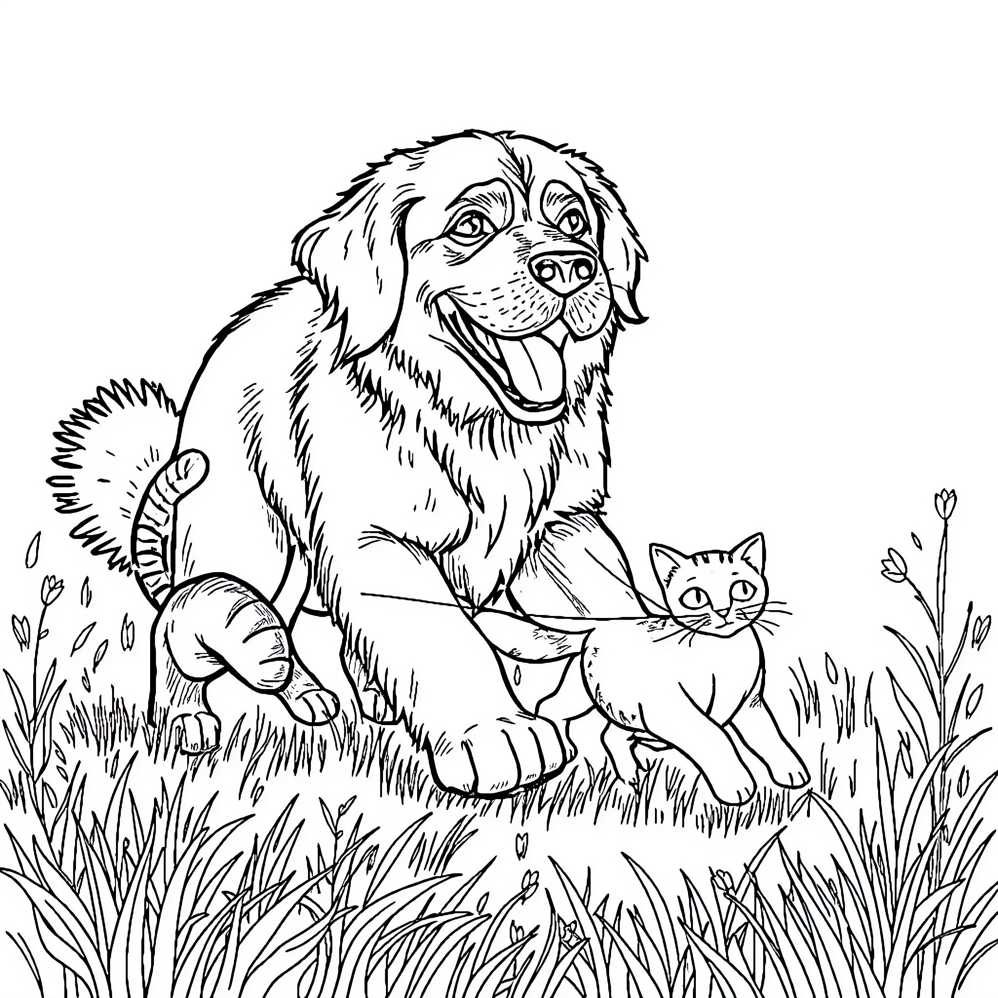 Dog and Cat Playing in the Grass Coloring Page (free black-and-white line drawing printable PDF for all, from beginners to advanced learners, including children, teens, adults, and seniors)