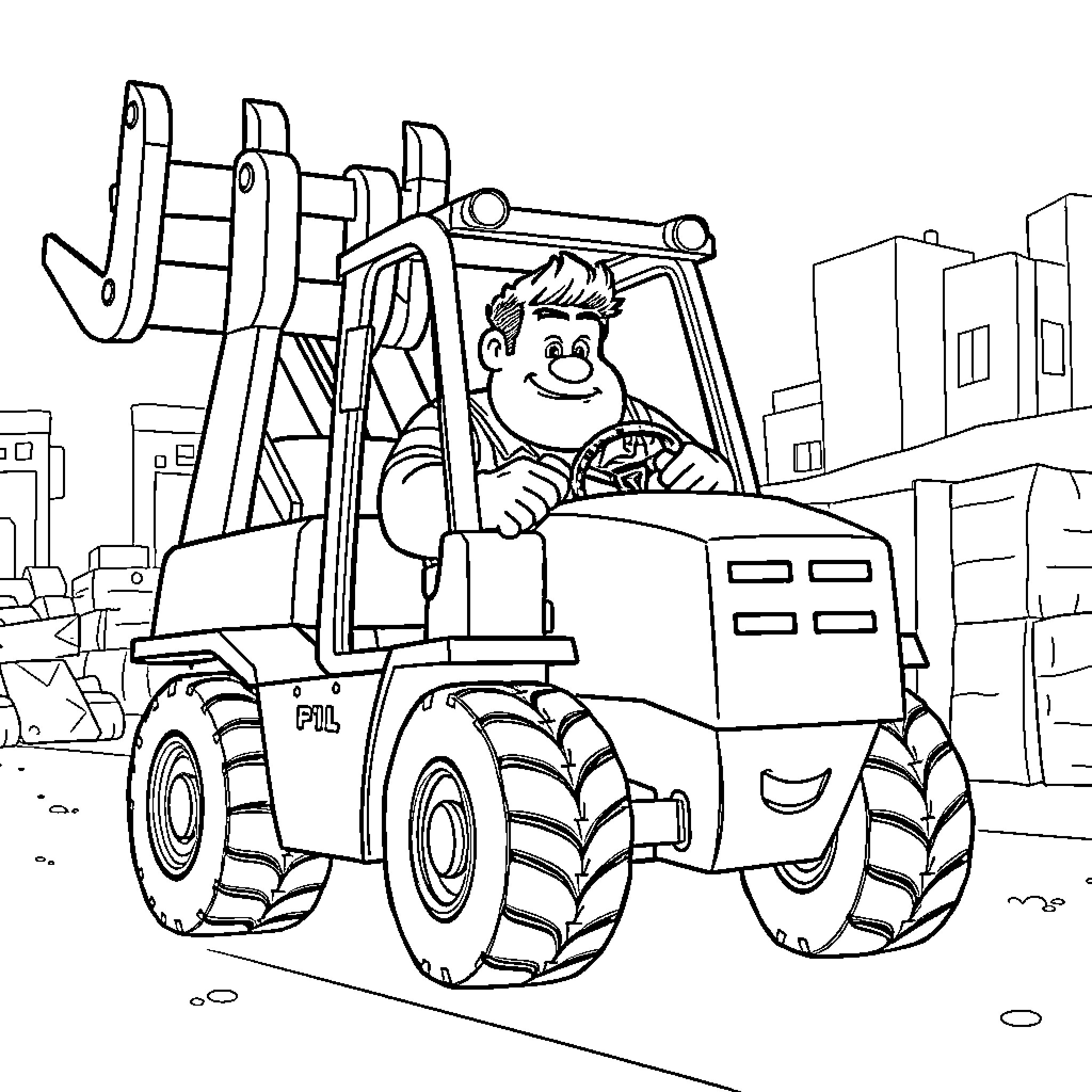 Ralph's Fun Construction Machinery Adventure Coloring Page (free black-and-white line drawing printable PDF for all, from beginners to advanced learners, including children, teens, adults, and seniors)