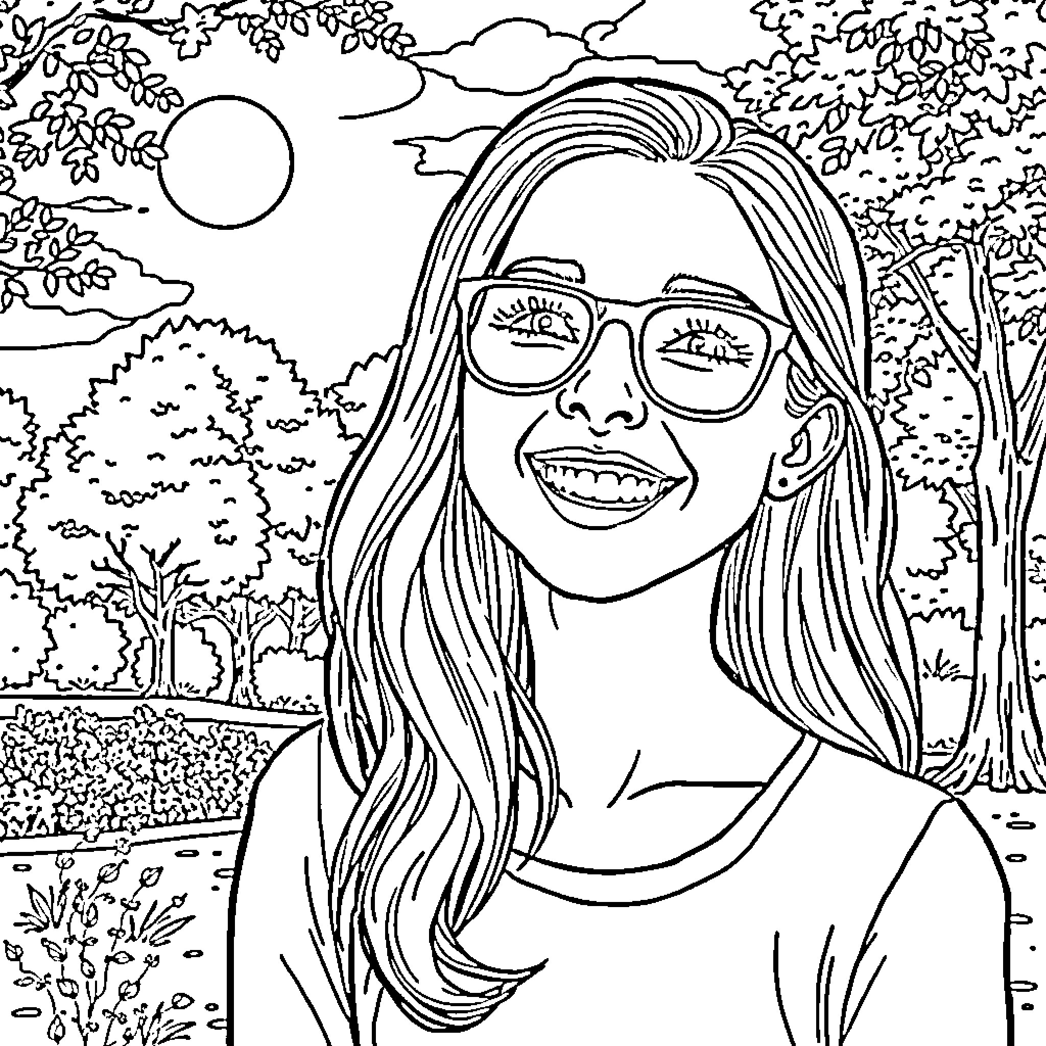 Jessica Smiling Joyfully in Outdoor Nature Scene Coloring Page (free black-and-white line drawing printable PDF for all, from beginners to advanced learners, including children, teens, adults, and seniors)