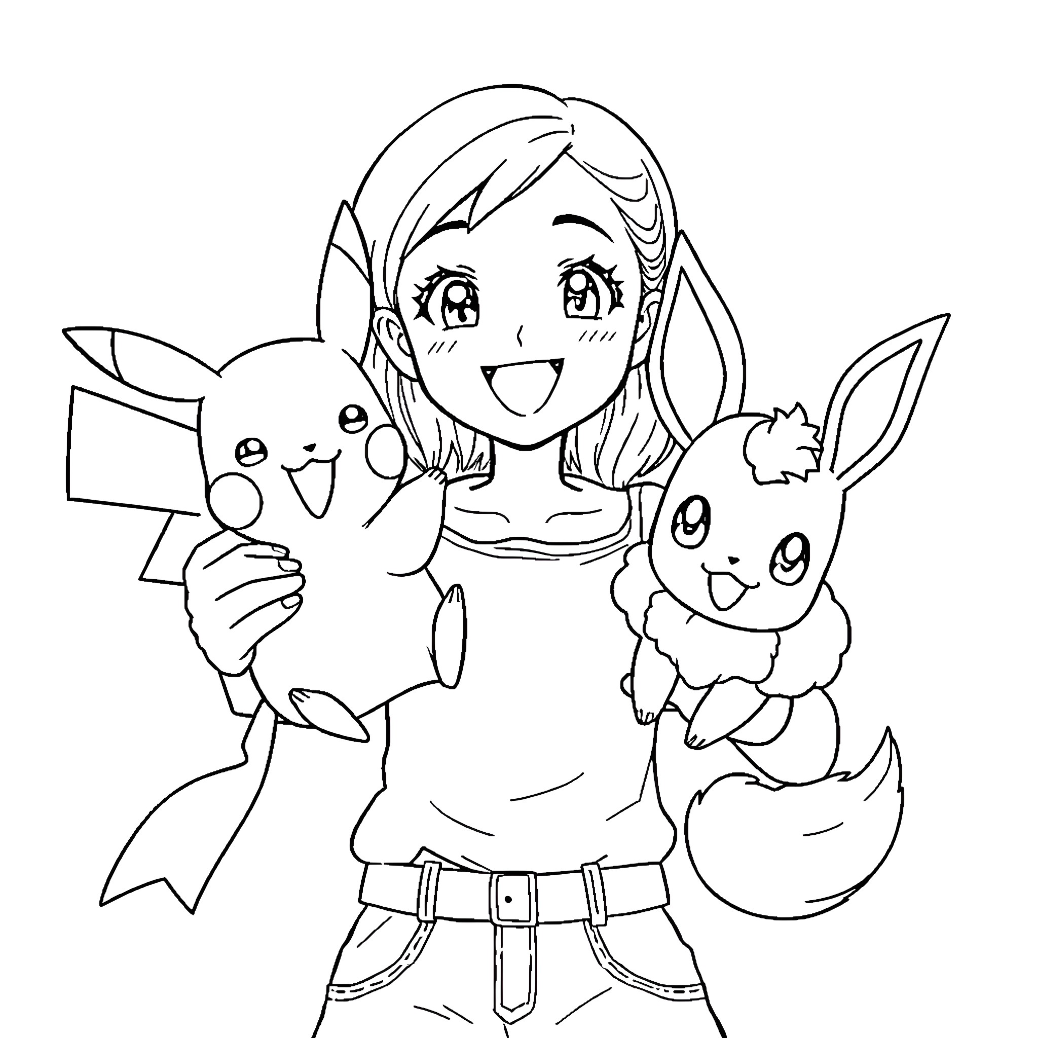 Girl playing happily with cartoon animals Coloring Page (free black-and-white line drawing printable PDF for all, from beginners to advanced learners, including children, teens, adults, and seniors)