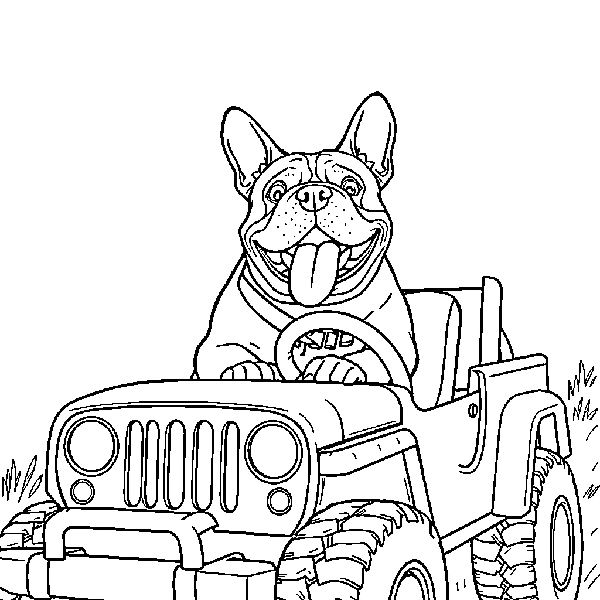 Bulldog riding happily in an off-road vehicle Coloring Page (free black-and-white line drawing printable PDF for all, from beginners to advanced learners, including children, teens, adults, and seniors)