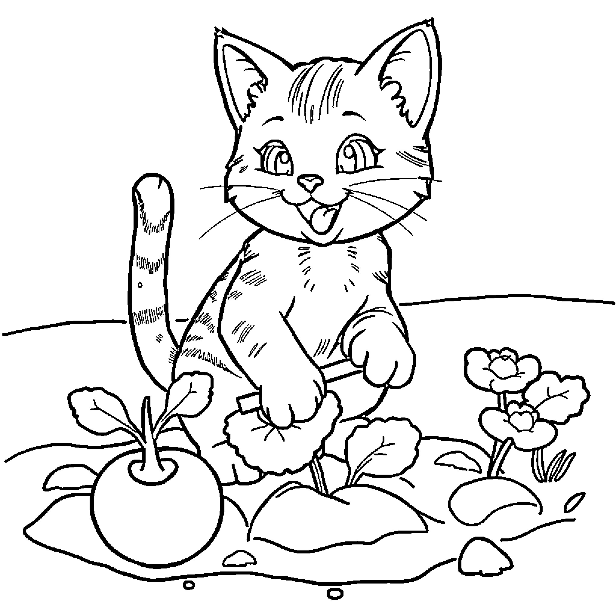 Kitty exploring a garden of flowers Coloring Page (free black-and-white line drawing printable PDF for all, from beginners to advanced learners, including children, teens, adults, and seniors)