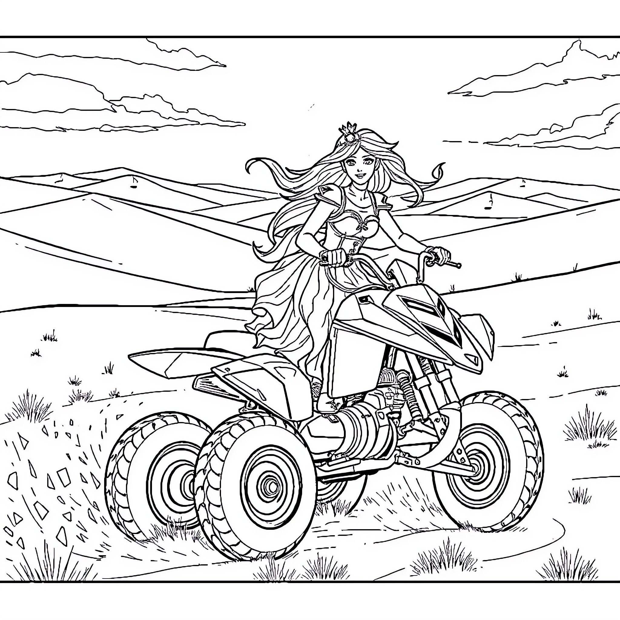 Princess riding all-terrain vehicle through desert landscape Coloring Page (free black-and-white line drawing printable PDF for all, from beginners to advanced learners, including children, teens, adults, and seniors)