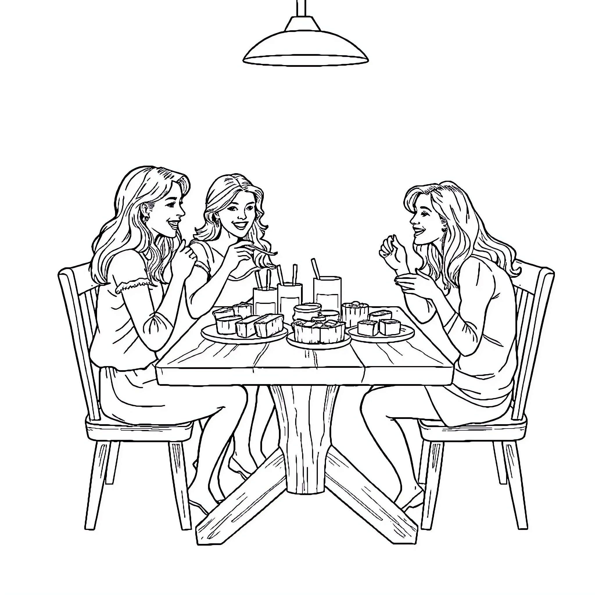 Lady friends enjoying desserts and drinks together Coloring Page (free black-and-white line drawing printable PDF for all, from beginners to advanced learners, including children, teens, adults, and seniors)