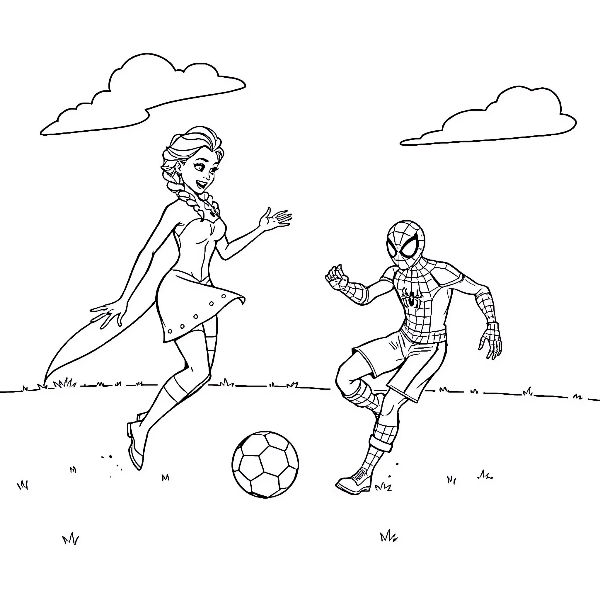 Elsa and Spiderman playing soccer in the park Coloring Page (free black-and-white line drawing printable PDF for all, from beginners to advanced learners, including children, teens, adults, and seniors)