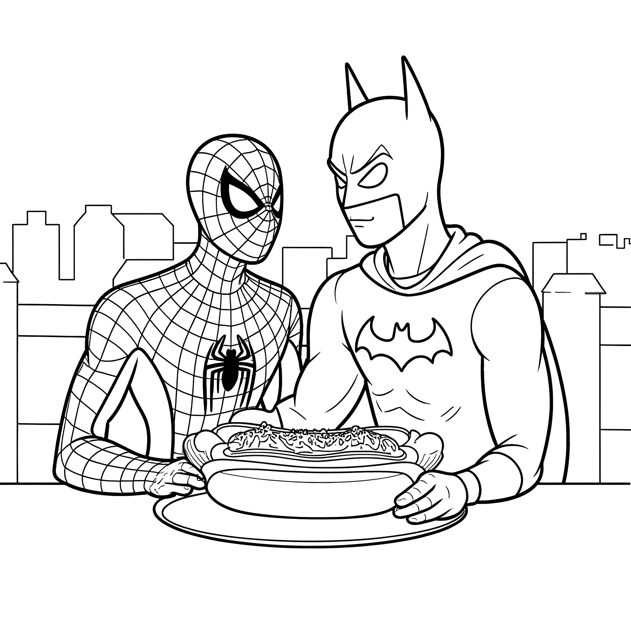 Spider-Man and Batman sharing a meal in the city Coloring Page (free black-and-white line drawing printable PDF for all, from beginners to advanced learners, including children, teens, adults, and seniors)