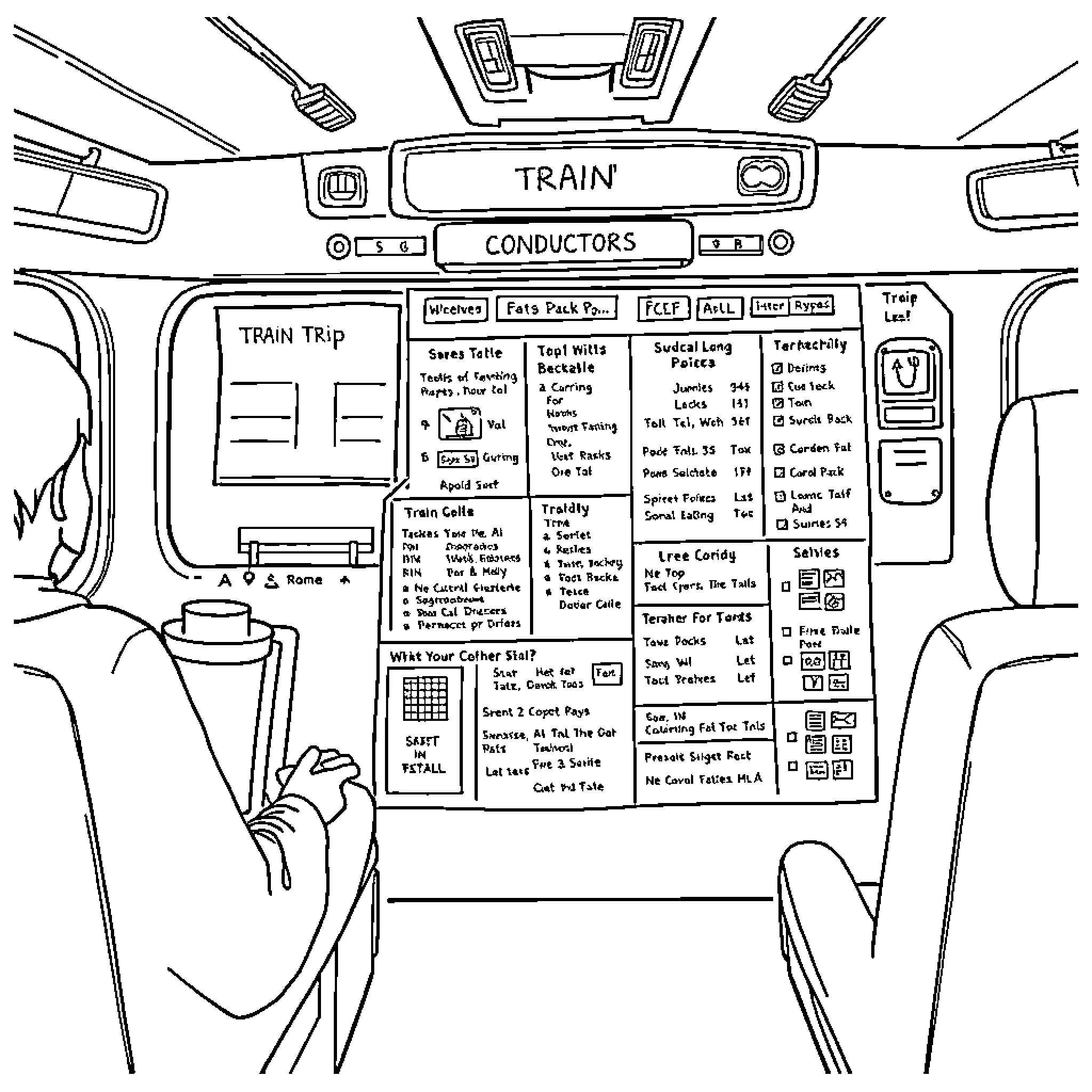 Train Conductors Checking Passengers' Tickets Coloring Page (free black-and-white line drawing printable PDF for all, from beginners to advanced learners, including children, teens, adults, and seniors)