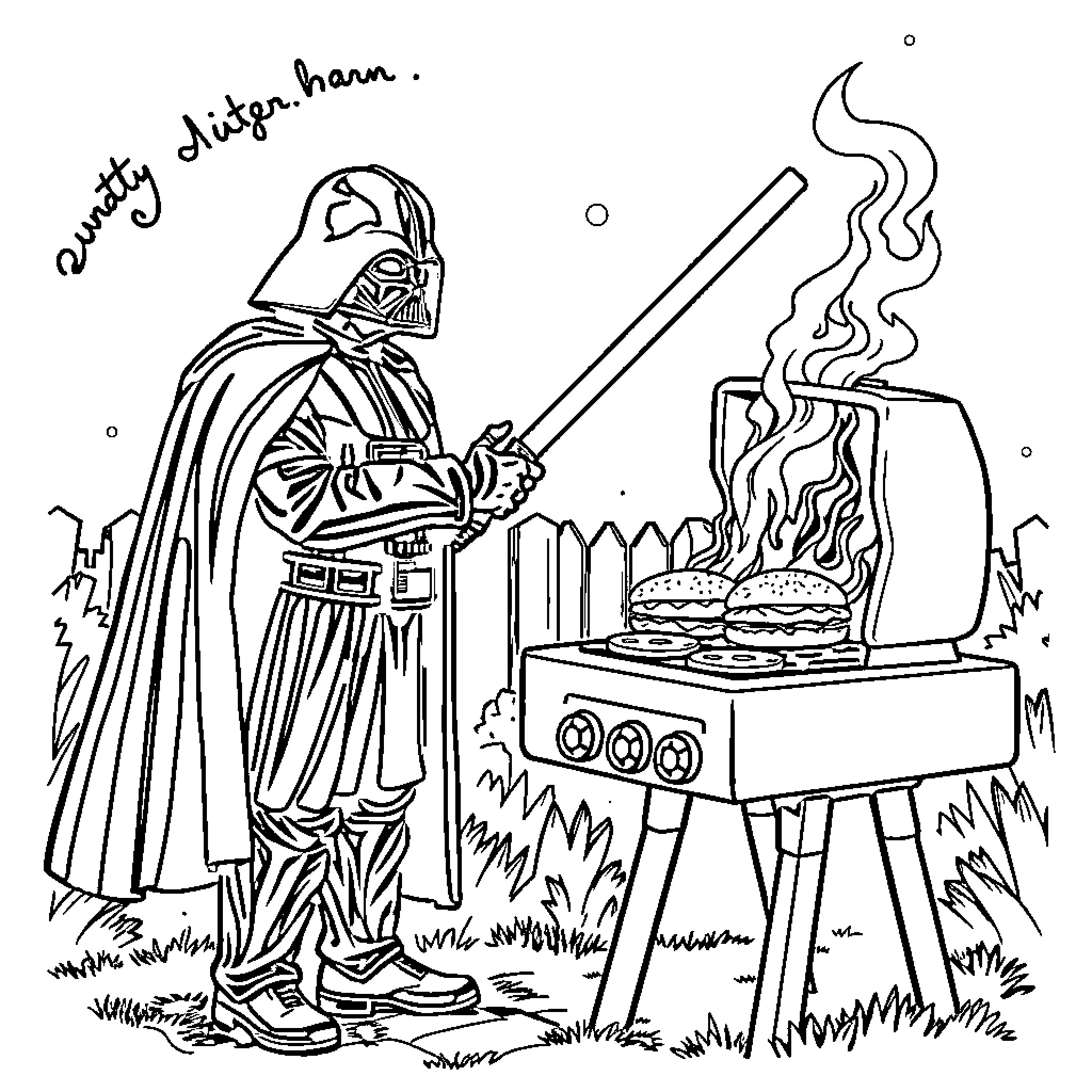Darth Vader grilling burgers in the garden Coloring Page (free black-and-white line drawing printable PDF for all, from beginners to advanced learners, including children, teens, adults, and seniors)