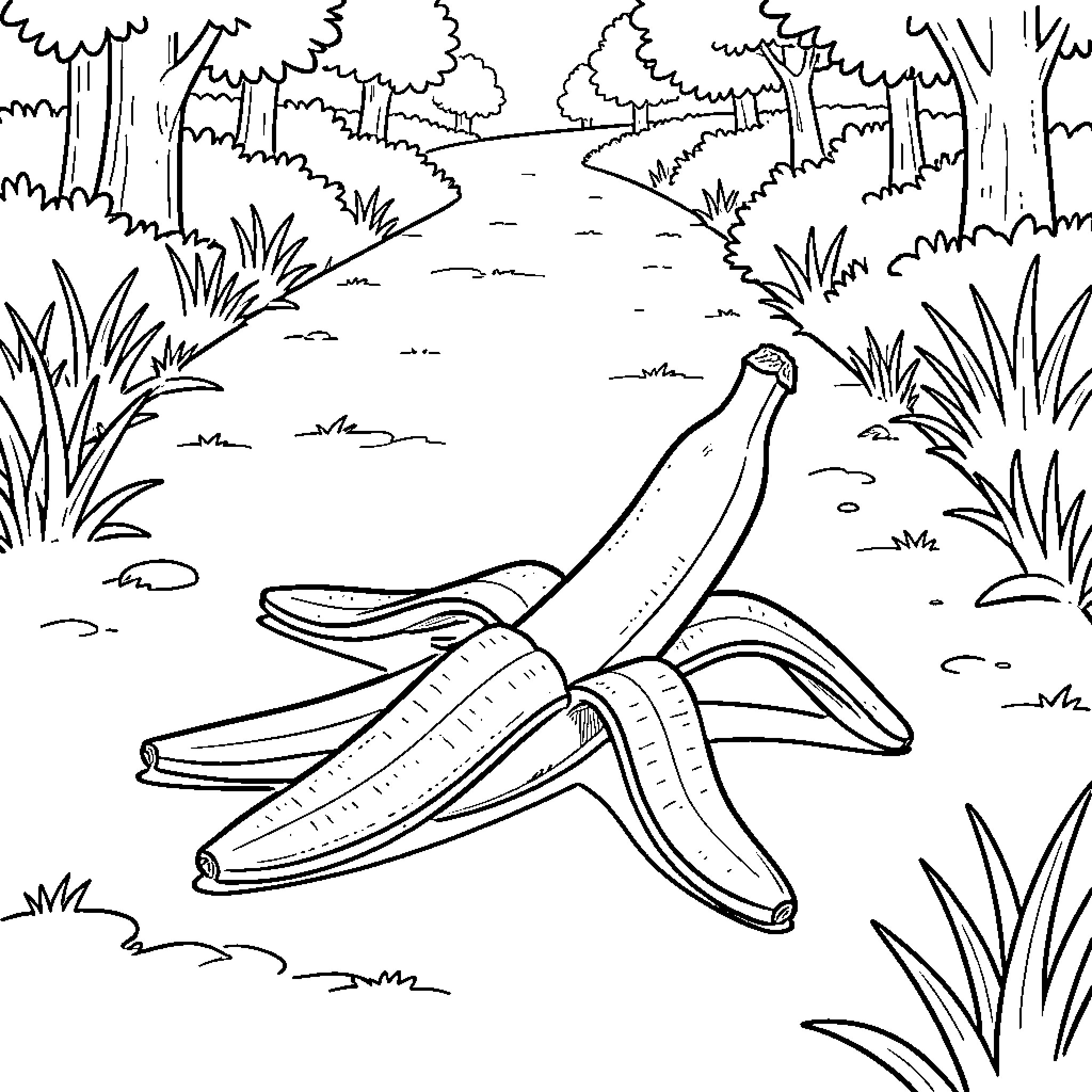Banana Peel lying on a path in nature Coloring Page (free black-and-white line drawing printable PDF for all, from beginners to advanced learners, including children, teens, adults, and seniors)