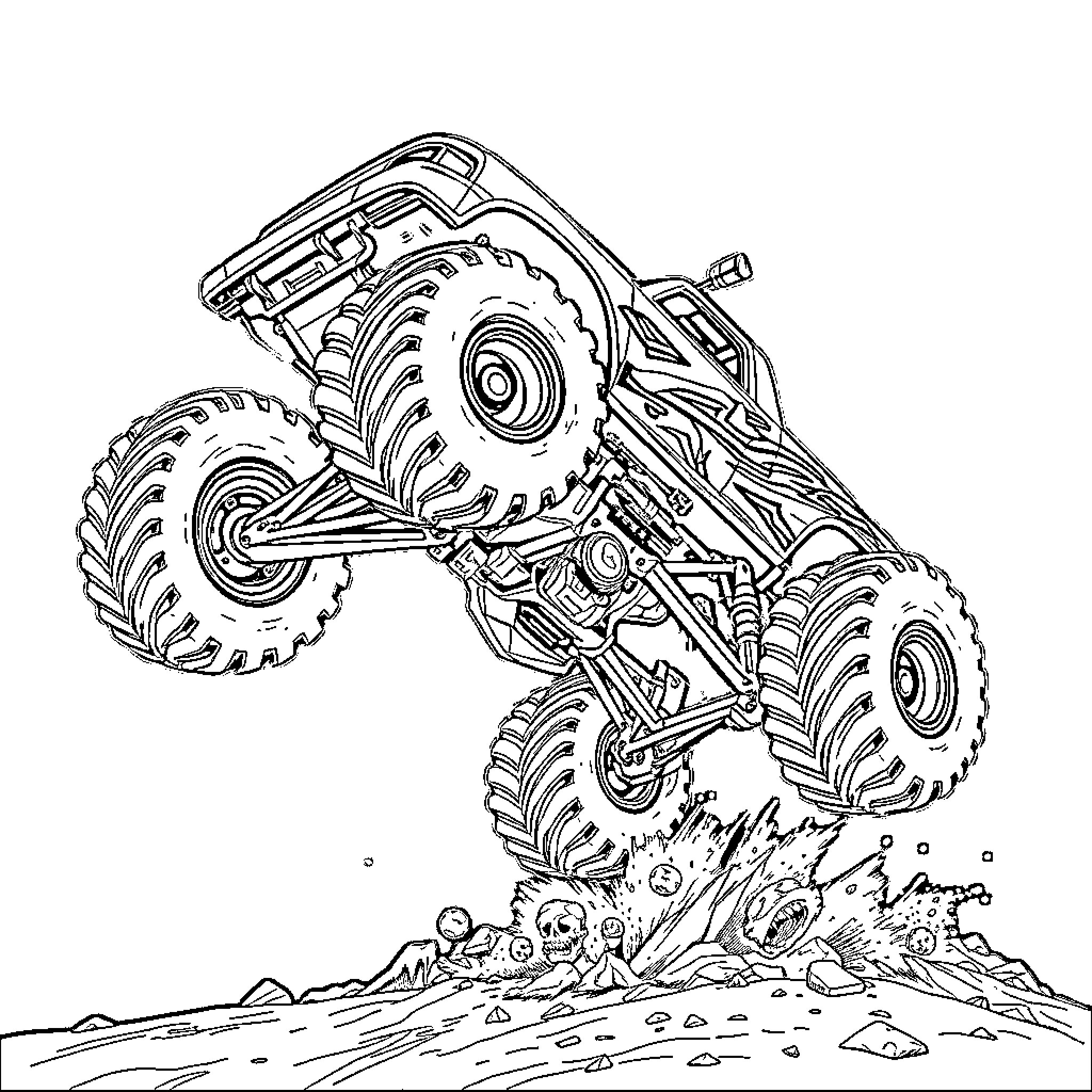 Zombie Truck leaping over obstacles on a dusty trail Coloring Page (free black-and-white line drawing printable PDF for all, from beginners to advanced learners, including children, teens, adults, and seniors)