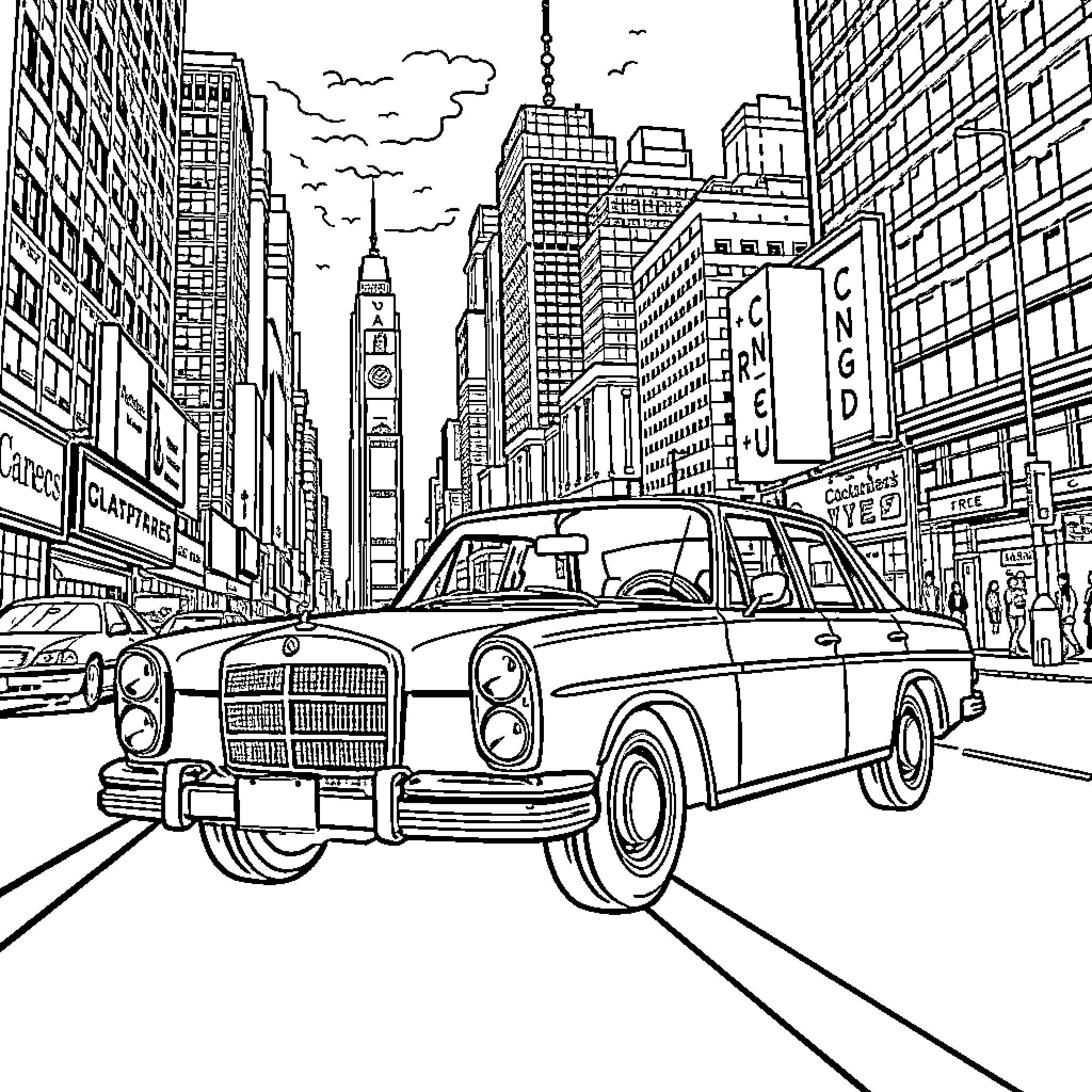 Mercedes classic car in bustling city street Coloring Page (free black-and-white line drawing printable PDF for all, from beginners to advanced learners, including children, teens, adults, and seniors)