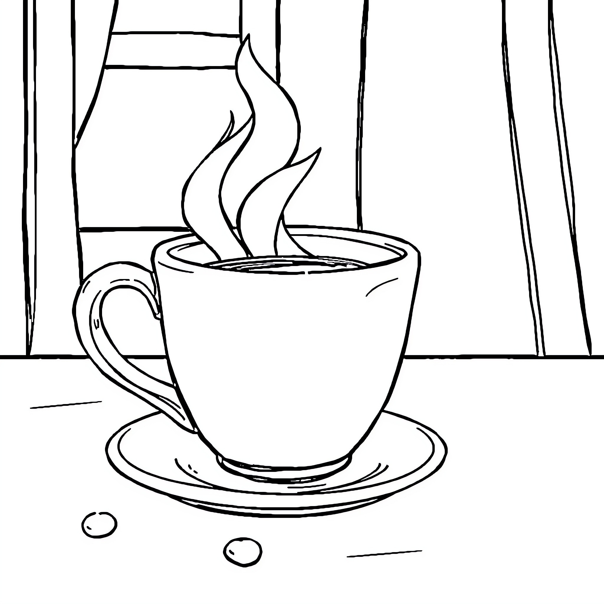 Coffee Steaming in a Cozy Cup Coloring Page (free black-and-white line drawing printable PDF for all, from beginners to advanced learners, including children, teens, adults, and seniors)
