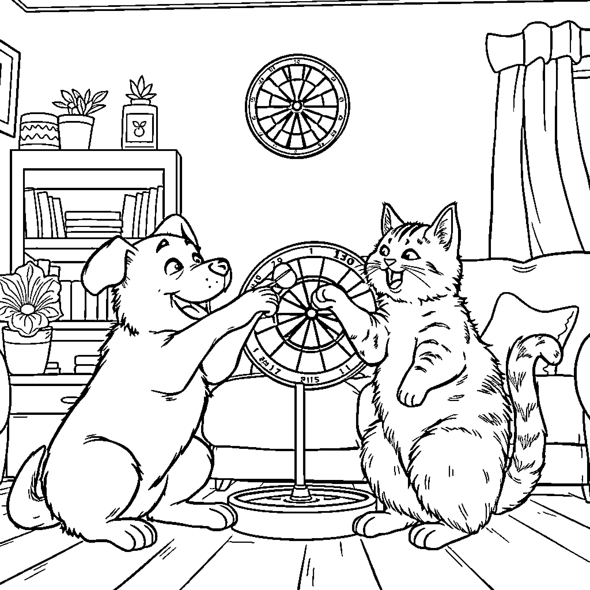 Dogs playing with a wheel toy in a cozy room Coloring Page (free black-and-white line drawing printable PDF for all, from beginners to advanced learners, including children, teens, adults, and seniors)