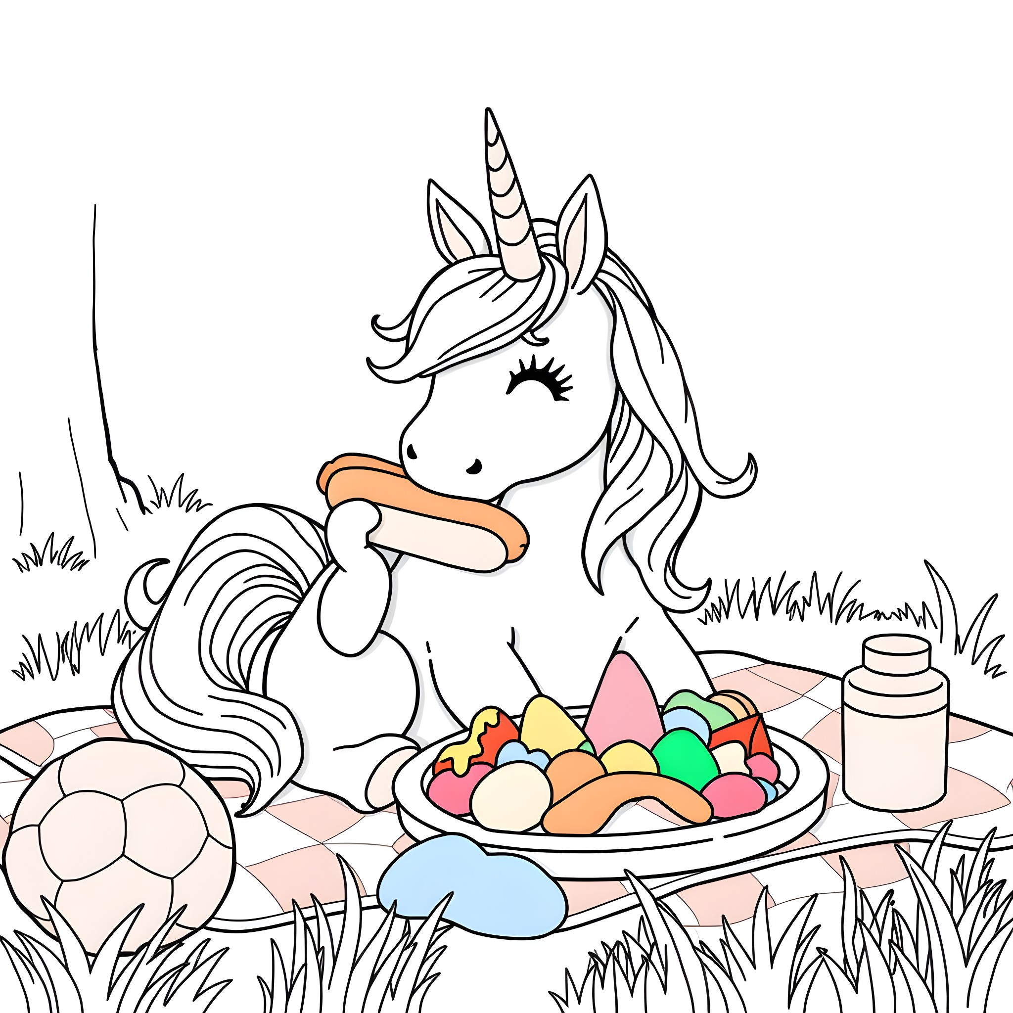 Unicorn enjoying a picnic in the meadow Coloring Page (free black-and-white line drawing printable PDF for all, from beginners to advanced learners, including children, teens, adults, and seniors)