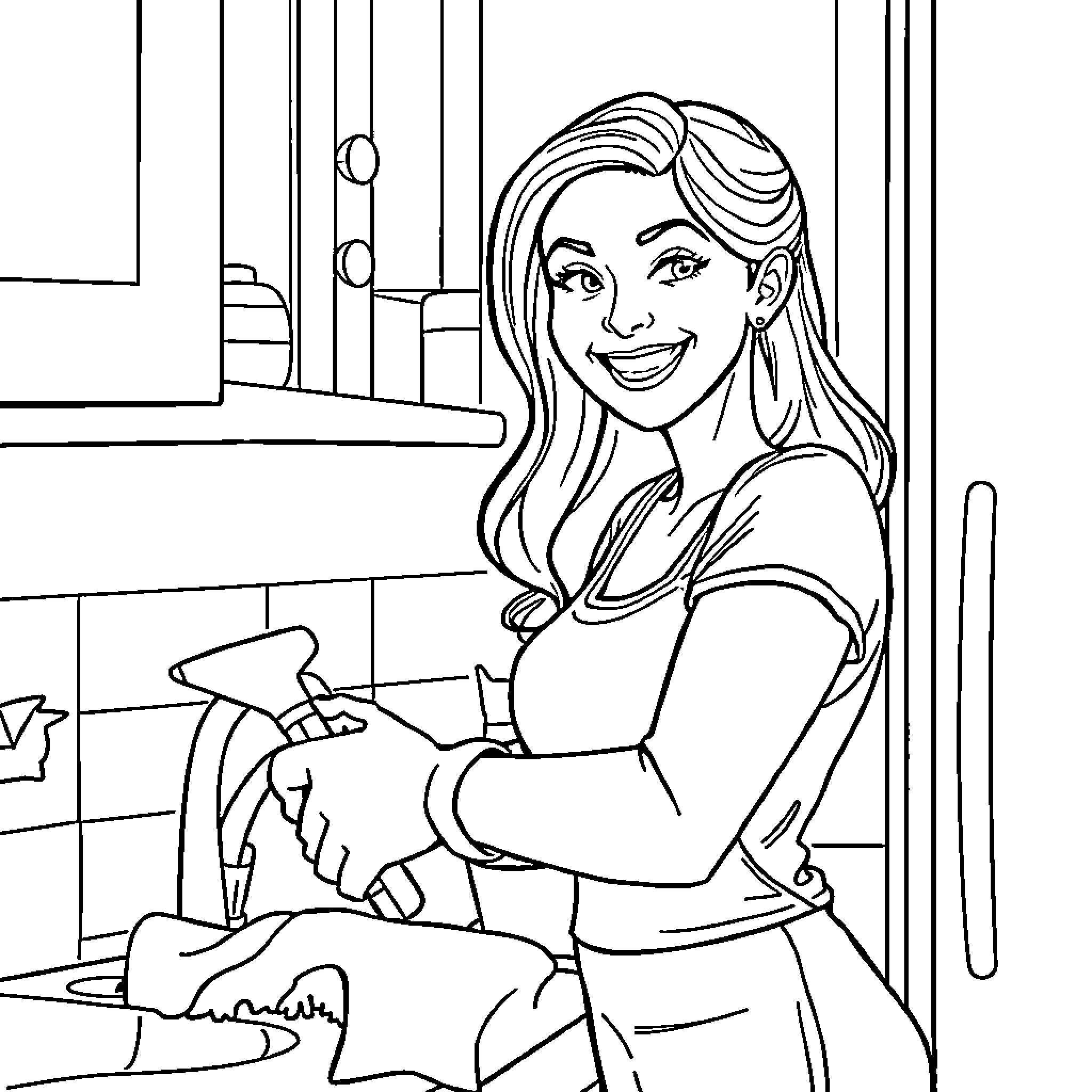 PETA Jensen in a smiling kitchen scene Coloring Page (free black-and-white line drawing printable PDF for all, from beginners to advanced learners, including children, teens, adults, and seniors)