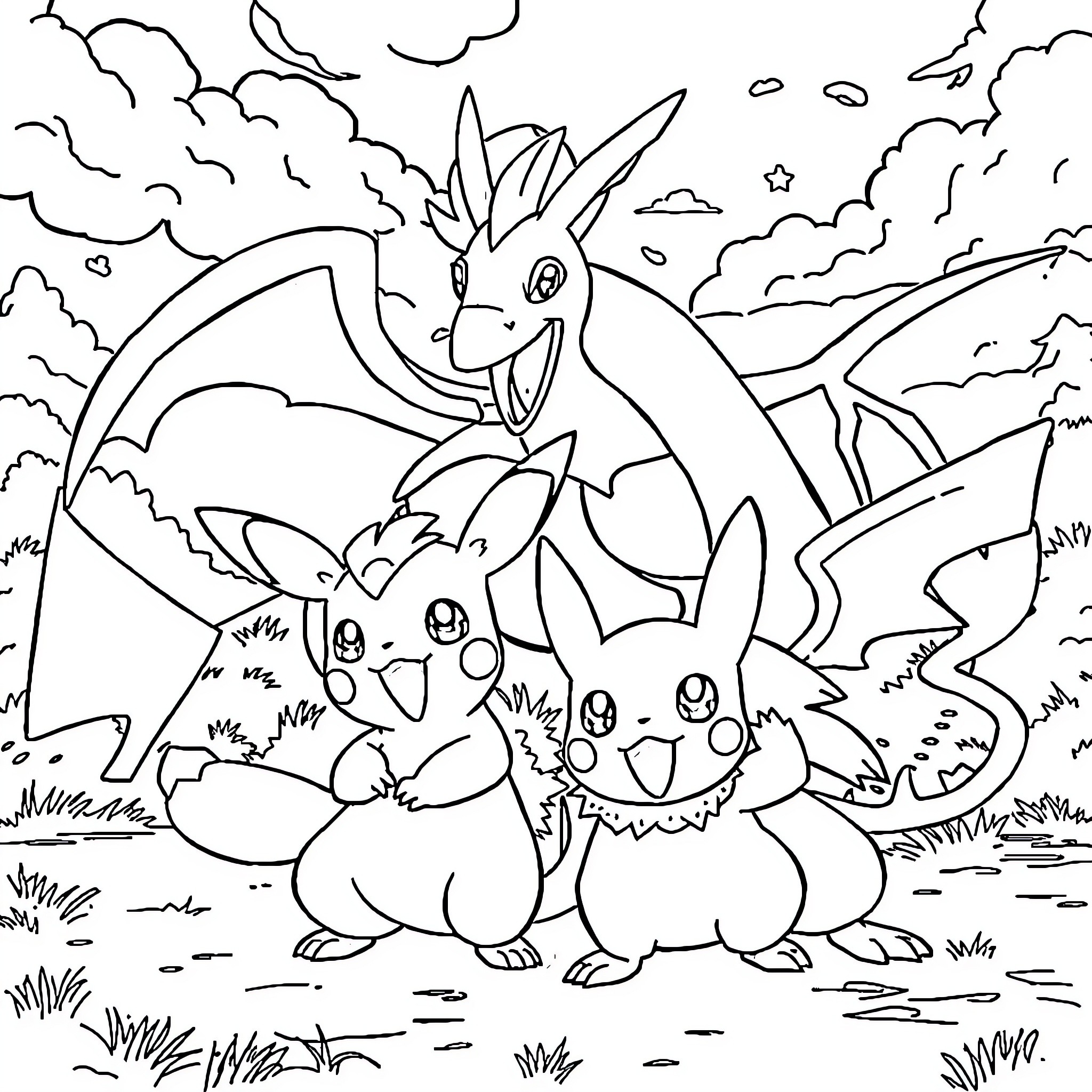 Pokémon characters playing and exploring in a scenic landscape Coloring Page (free black-and-white line drawing printable PDF for all, from beginners to advanced learners, including children, teens, adults, and seniors)