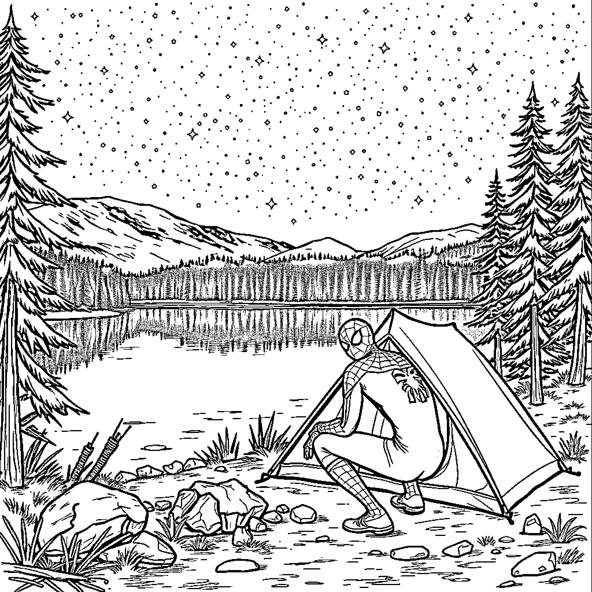 Spiderman camping in a snowy forest landscape Coloring Page (free black-and-white line drawing printable PDF for all, from beginners to advanced learners, including children, teens, adults, and seniors)