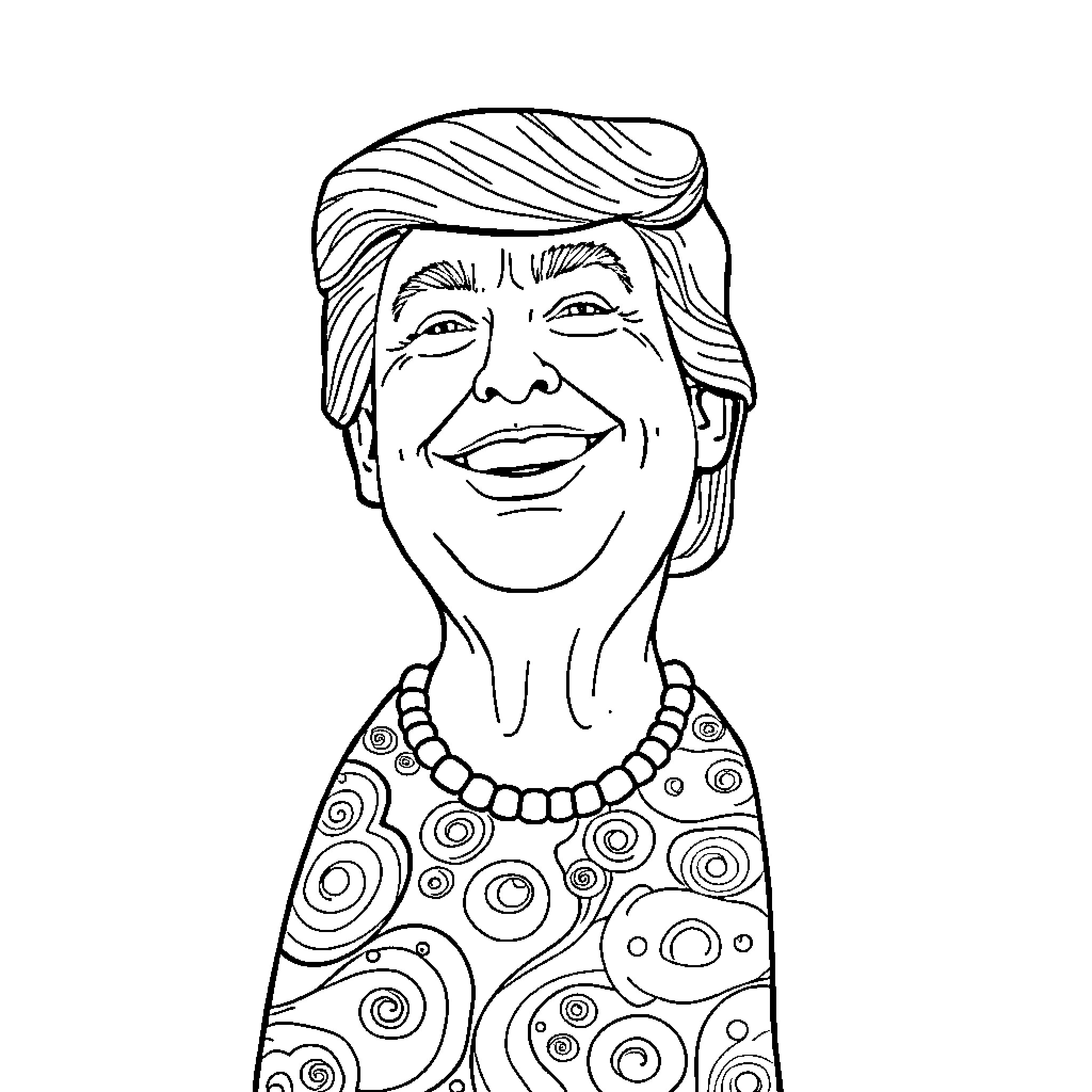 Donald Trump Smiling Expressively in Patterned Outfit Coloring Page (free black-and-white line drawing printable PDF for all, from beginners to advanced learners, including children, teens, adults, and seniors)