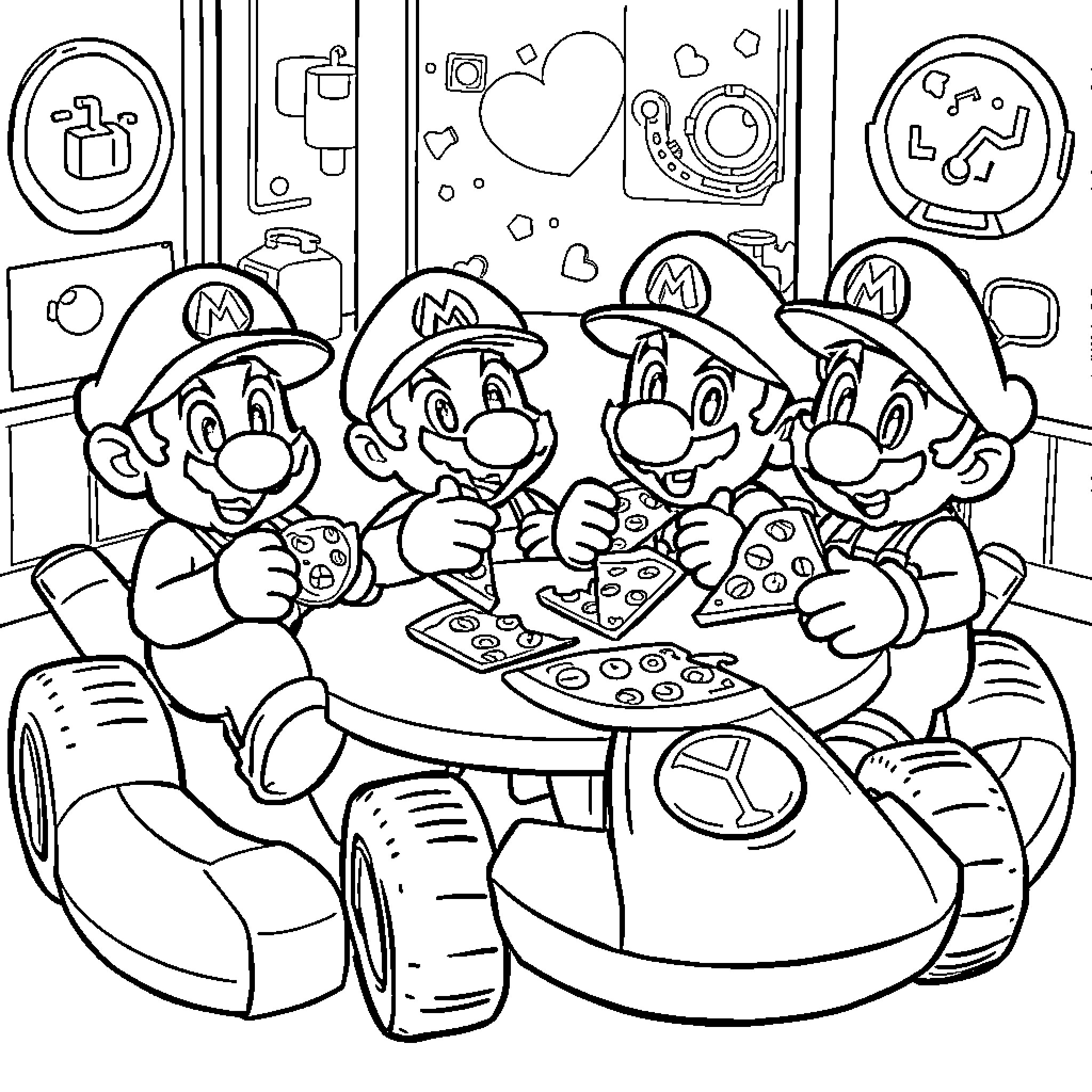 Mario Brothers Enjoying Pizza and Gaming Coloring Page (free black-and-white line drawing printable PDF for all, from beginners to advanced learners, including children, teens, adults, and seniors)