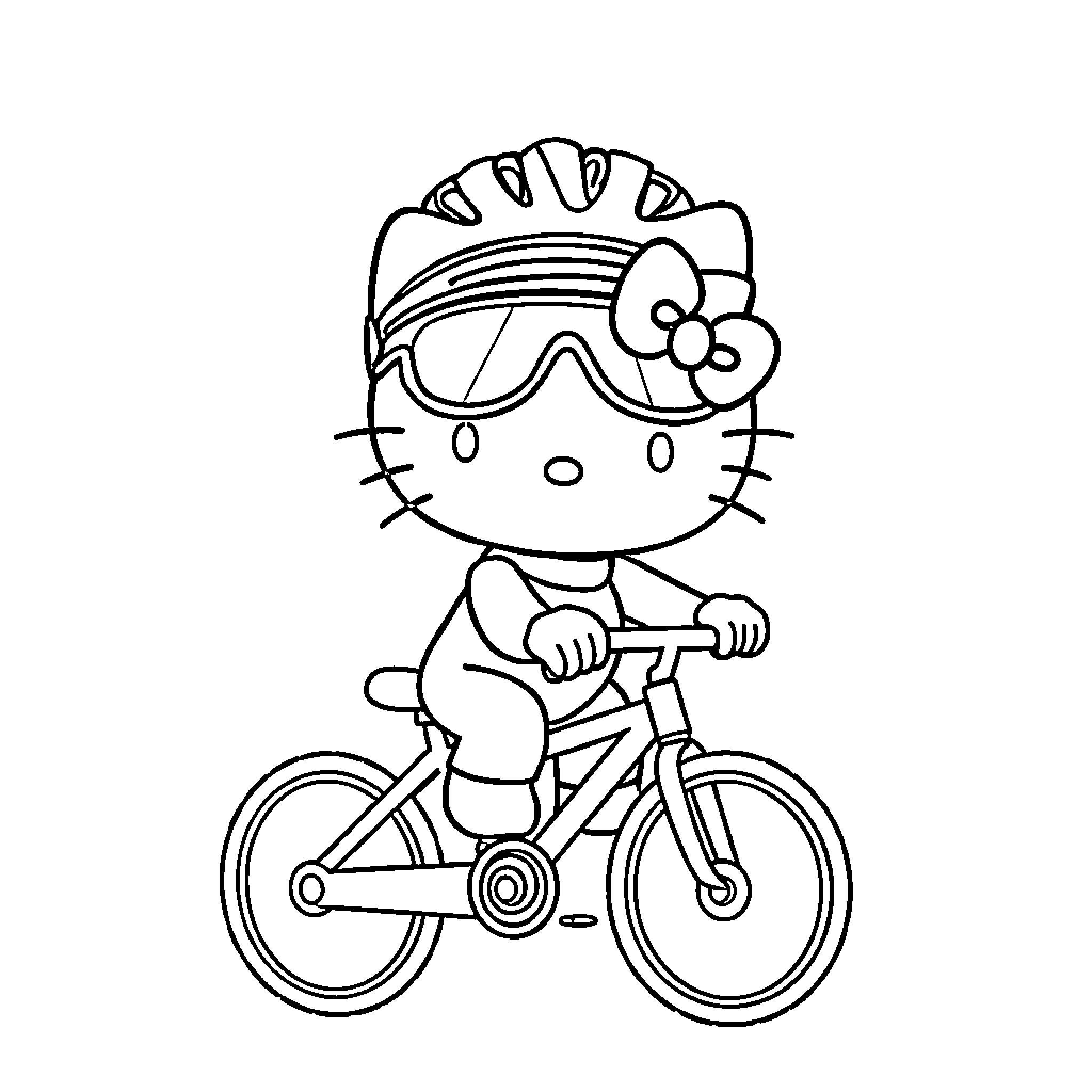 Hello Kitty riding a bicycle Coloring Page (free black-and-white line drawing printable PDF for all, from beginners to advanced learners, including children, teens, adults, and seniors)