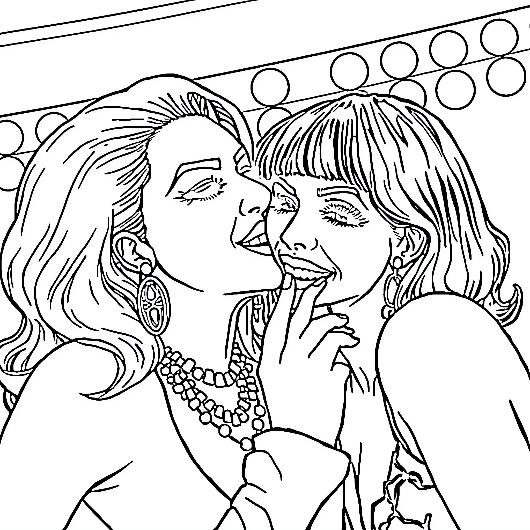 Lady Gaga and Friend Sharing a Joyful Moment Coloring Page (free black-and-white line drawing printable PDF for all, from beginners to advanced learners, including children, teens, adults, and seniors)